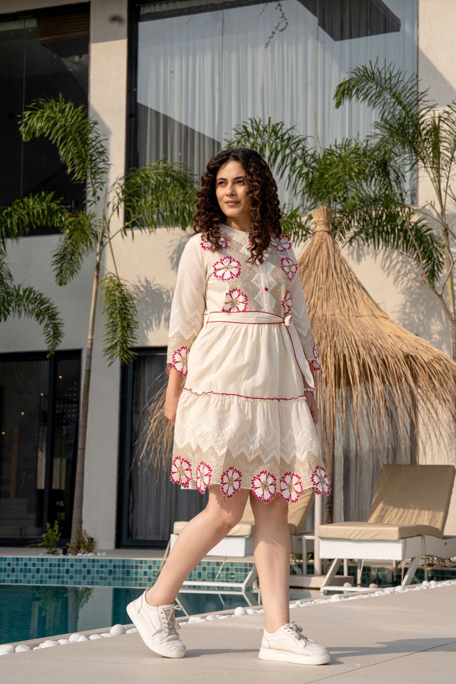 Freyaa Cream Cotton Tunic Top with Mandarin Collar and Pink Flower Embroidery