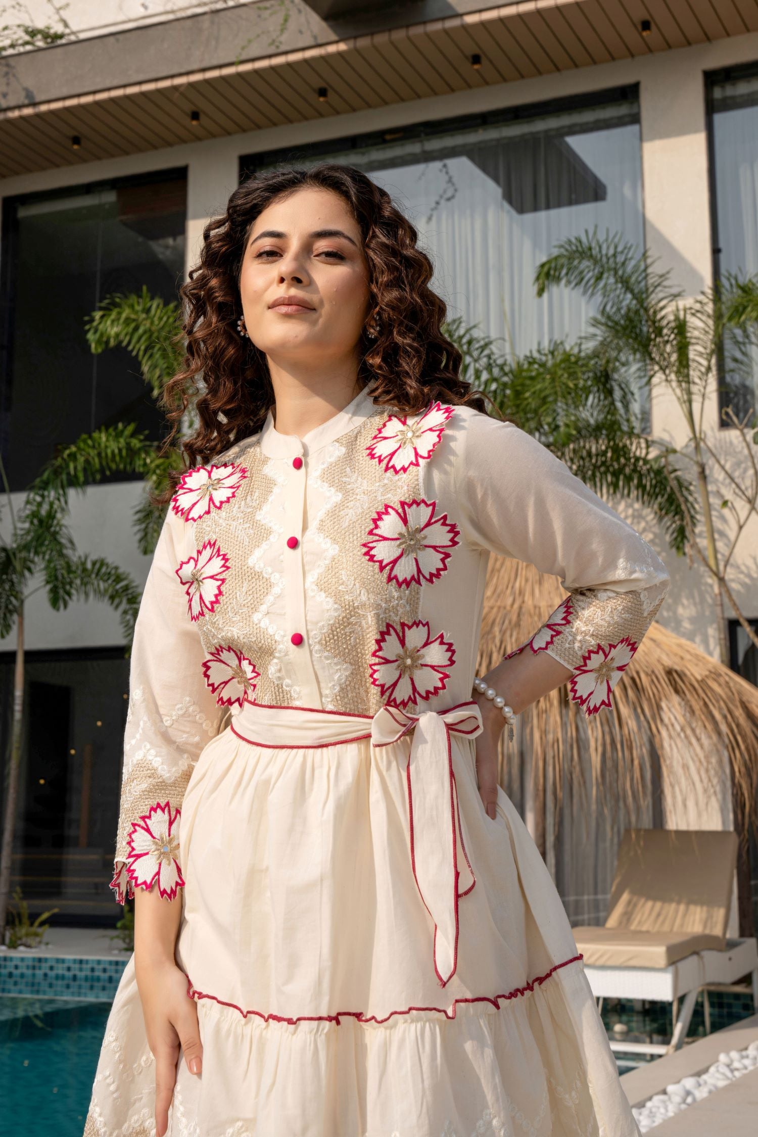 Freyaa Cream Cotton Tunic Top with Mandarin Collar and Pink Flower Embroidery