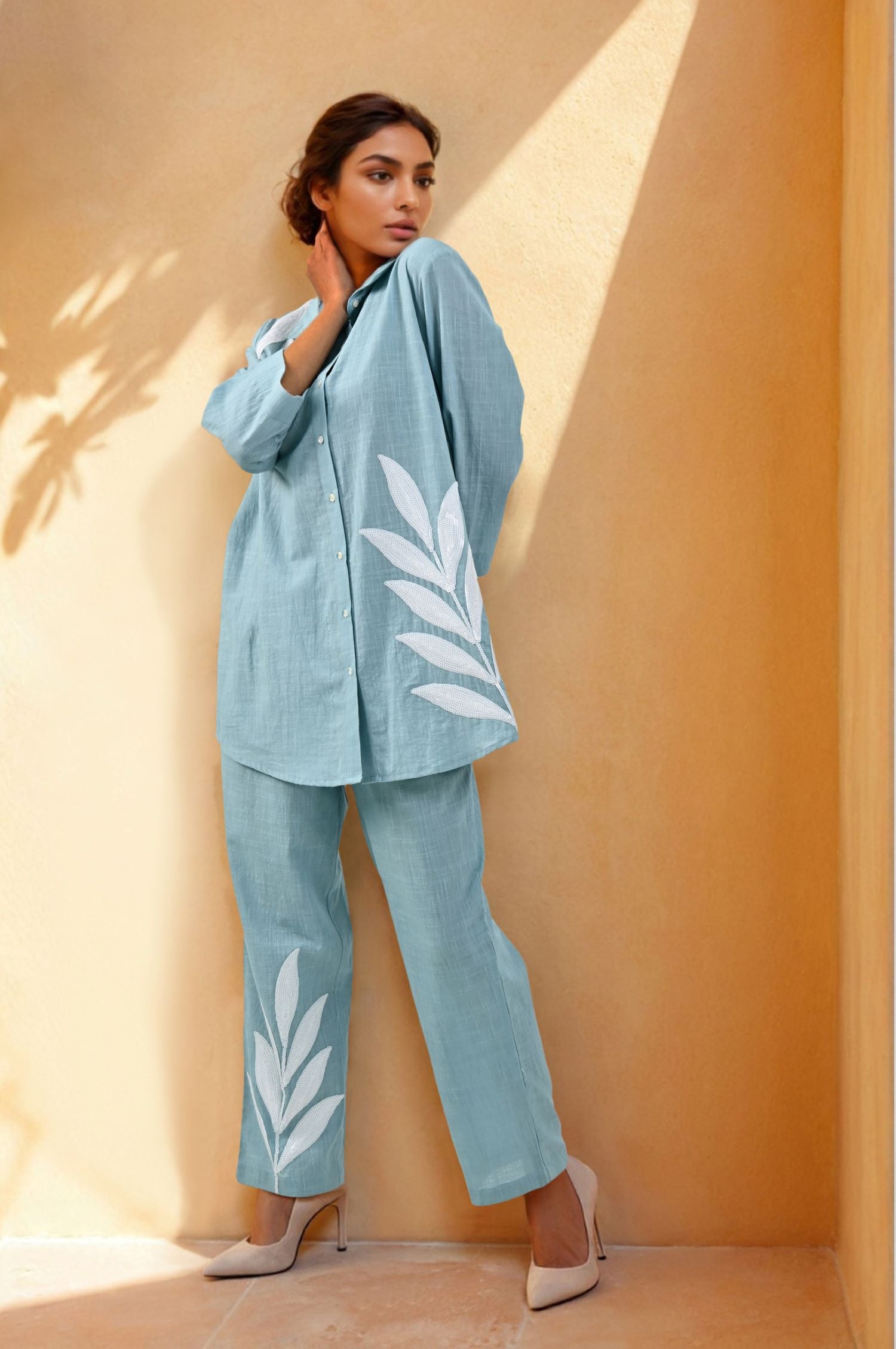 Blue Breeze White Leaf Embroidered Co-Ord Set