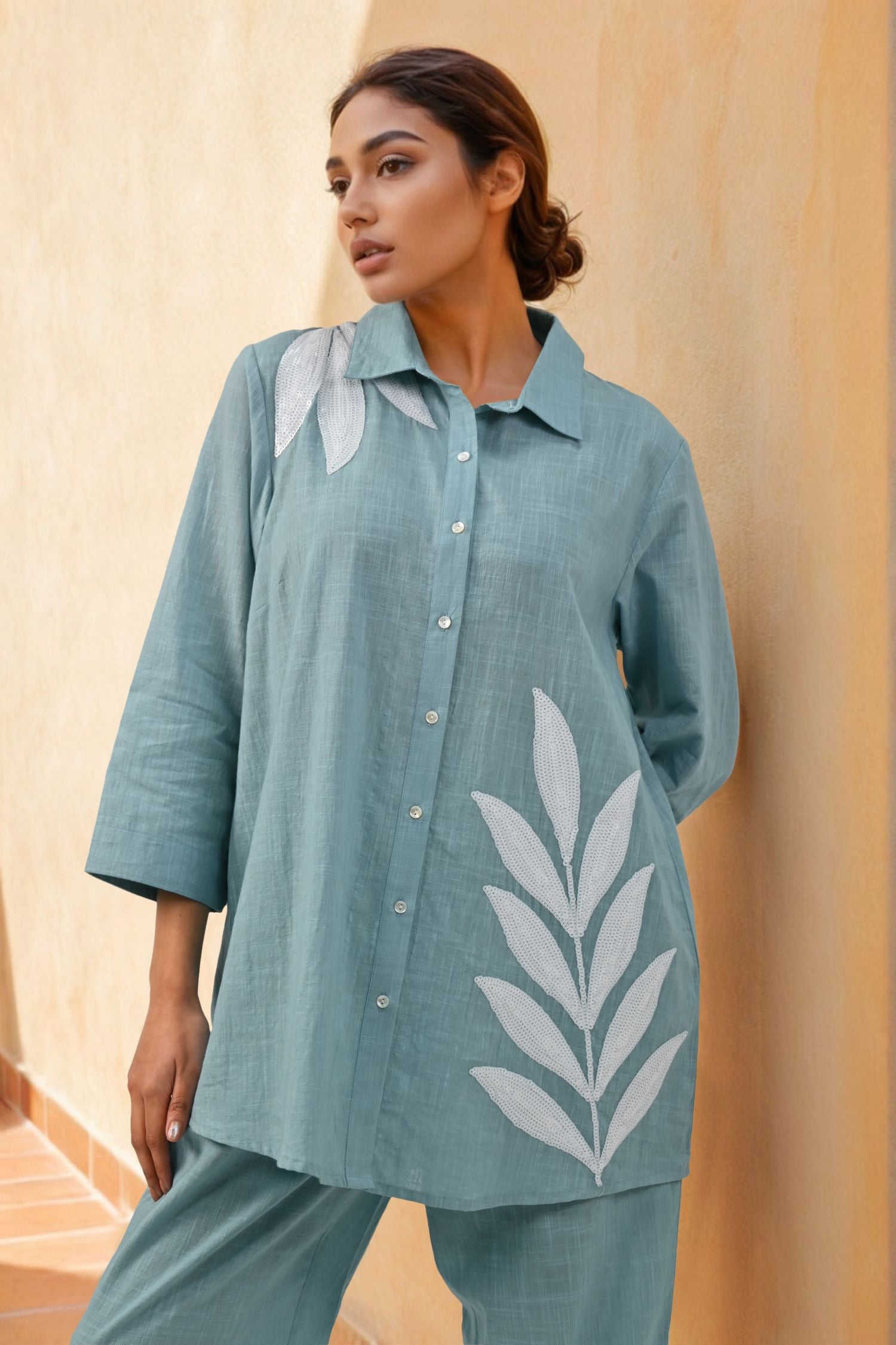 Blue Breeze White Leaf Embroidered Co-Ord Set