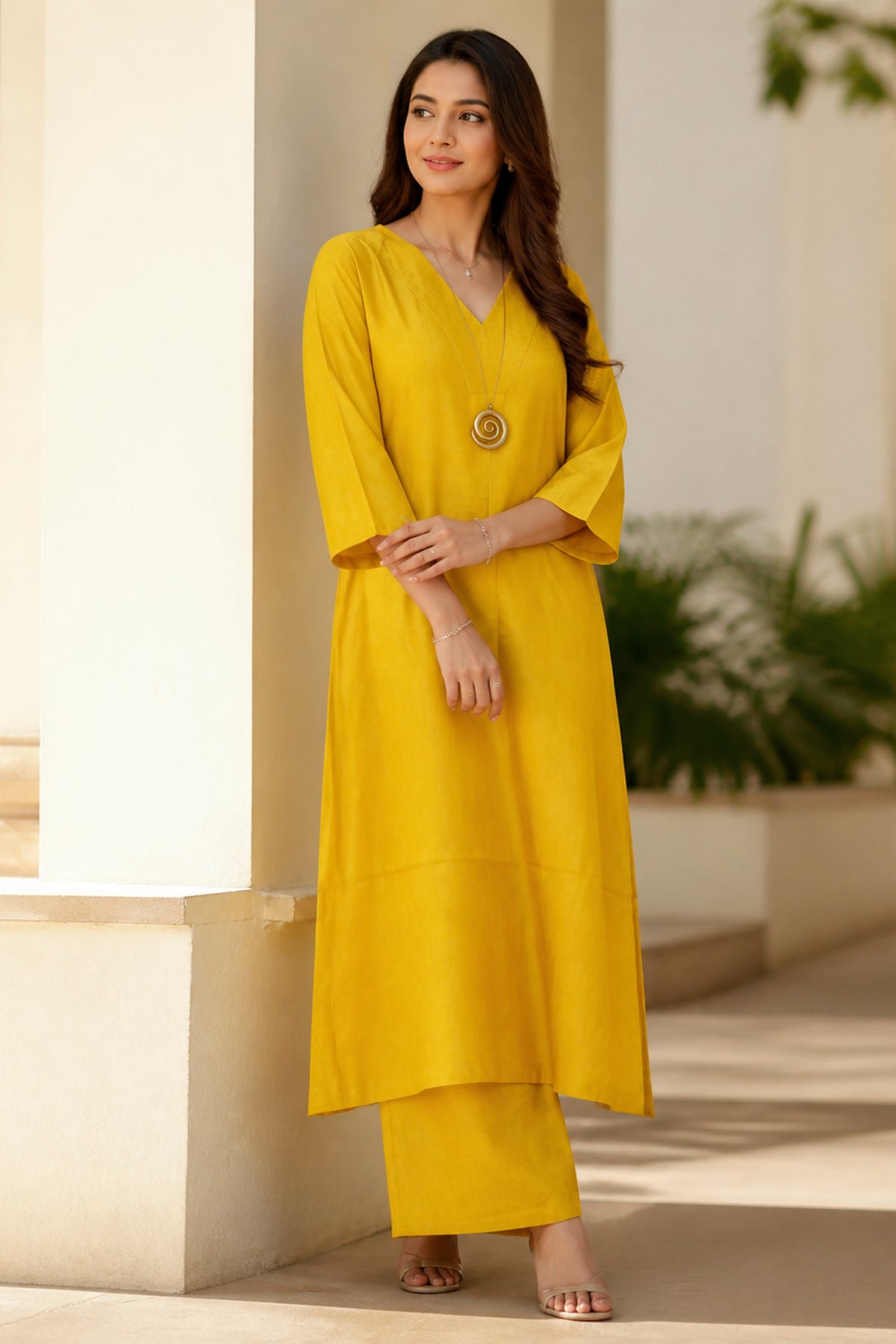 Yellow Solid Plain Aline Kurta Coord Set