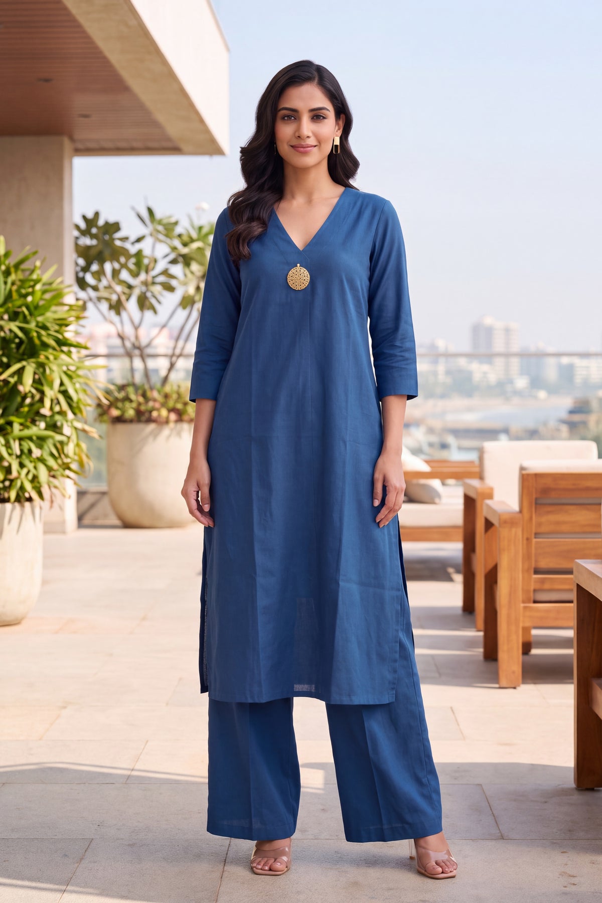 Solid Royal Blue V Neck Coord Sets