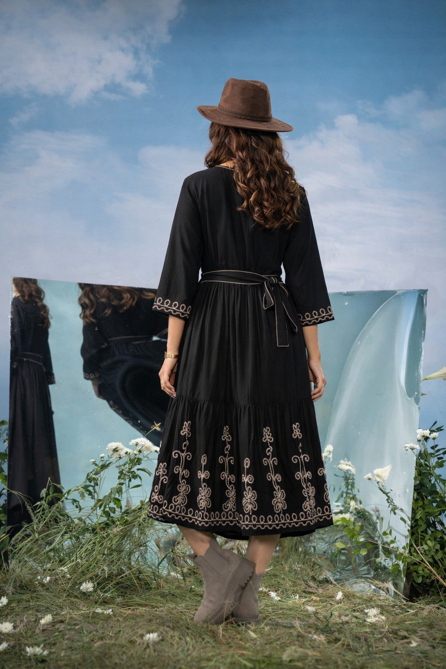 Black Long Dress with Elegant Thread Embroidery & Belt