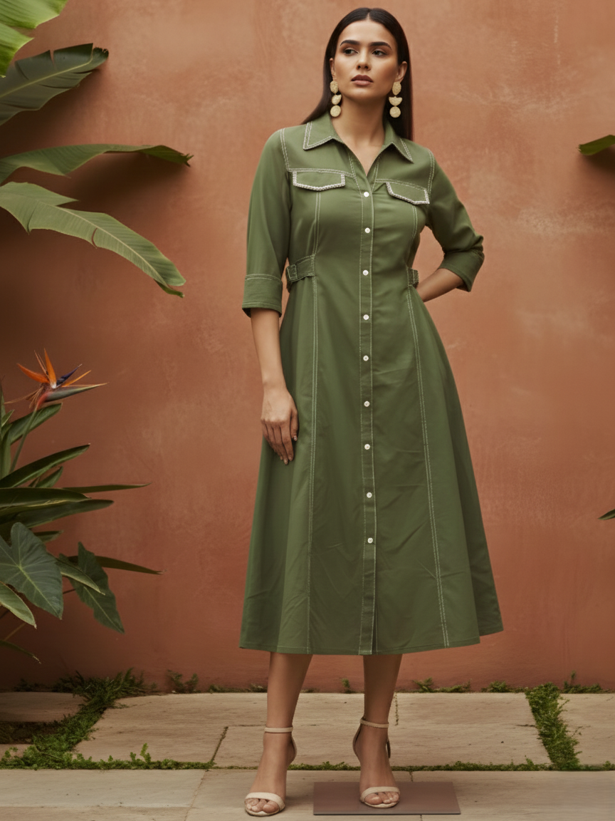 Olive Green Solid Denim Dress