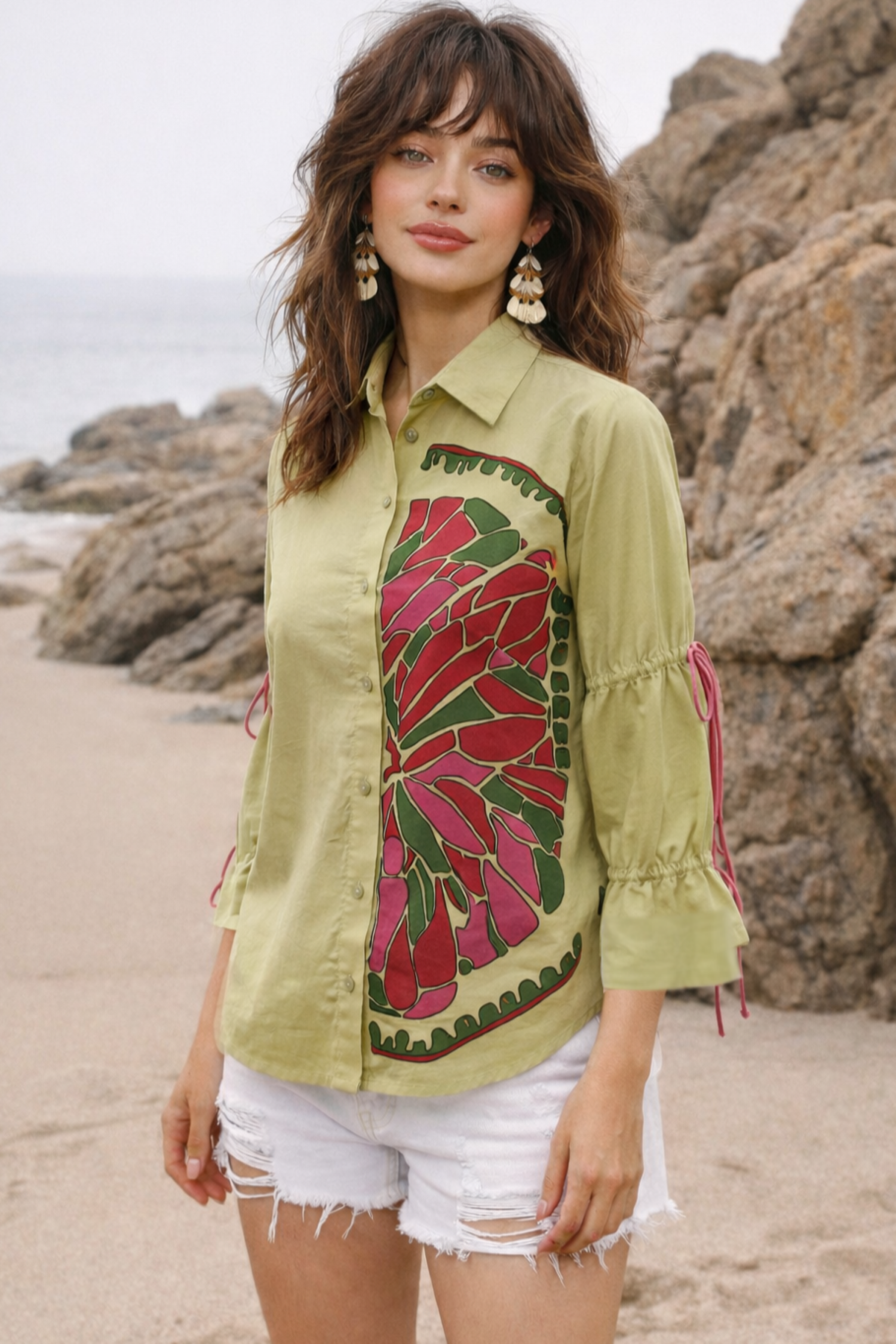 Relaxed Fit Printed Cotton Green Shirt.