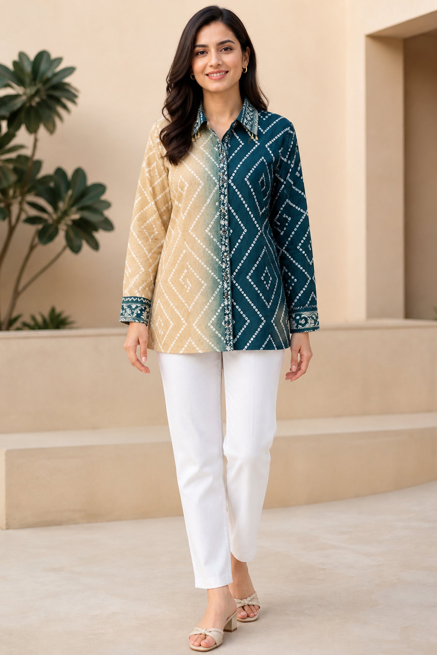 Dual-Tone Bandhani Printed Crepe Shirt Top