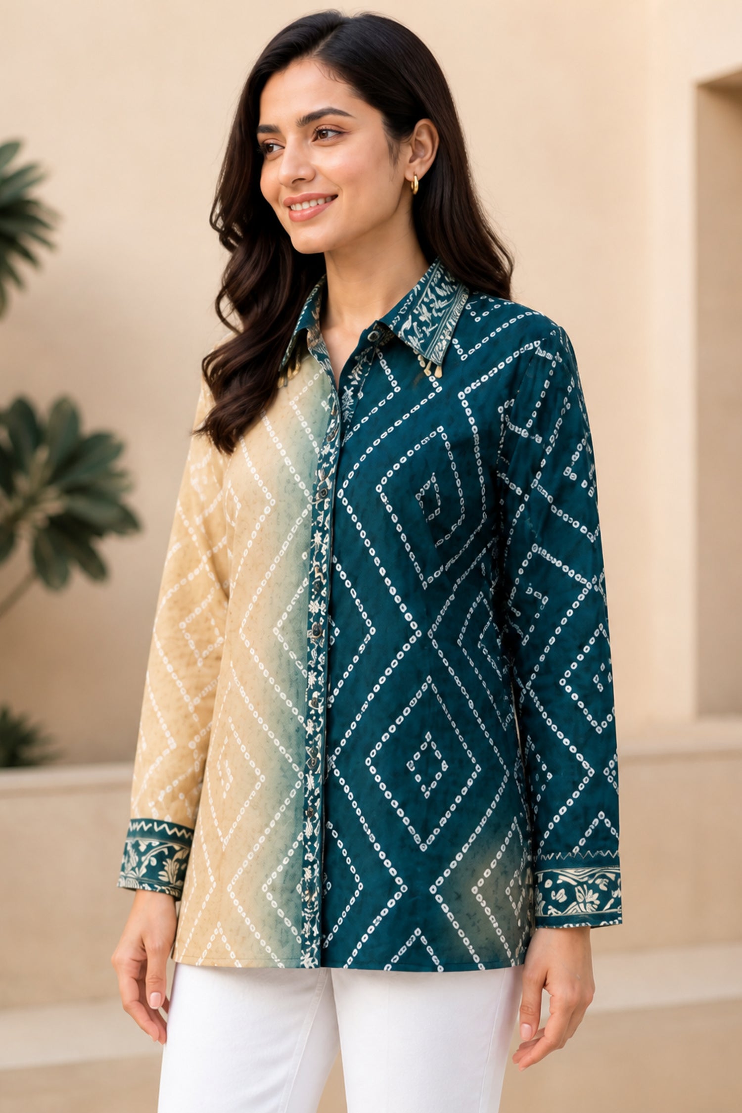 Dual-Tone Bandhani Printed Crepe Shirt Top