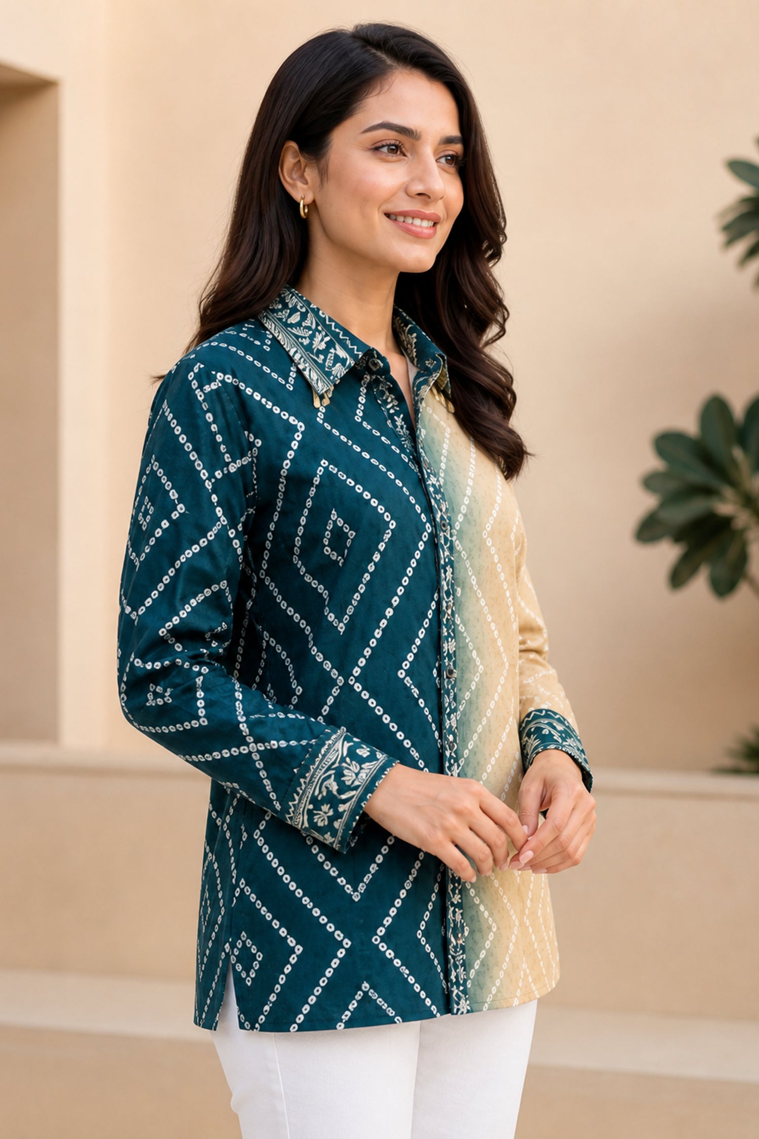 Dual-Tone Bandhani Printed Crepe Shirt Top