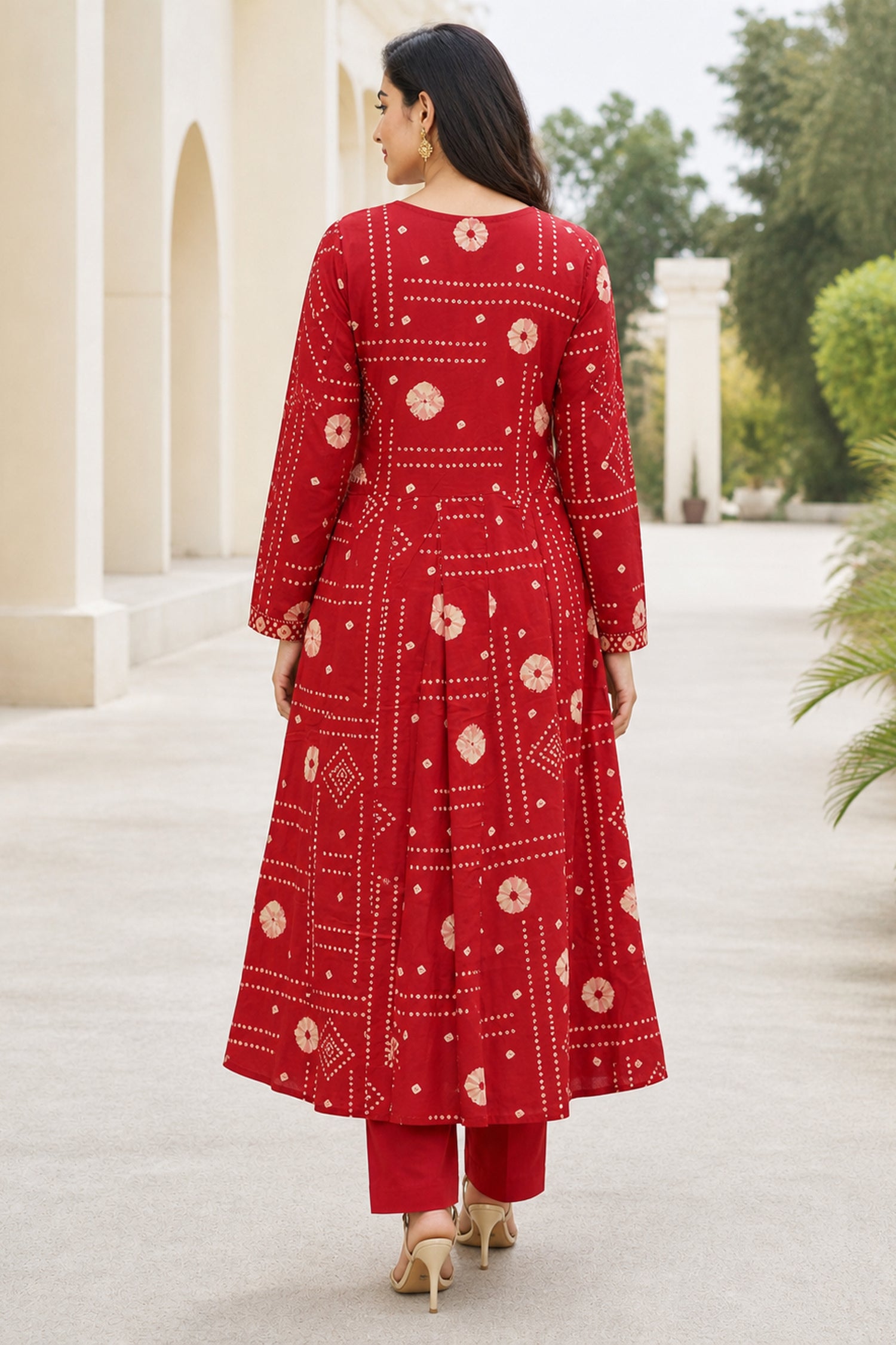 Red Cotton Bandhani Printed Anarkali Kurta Set with Dupatta