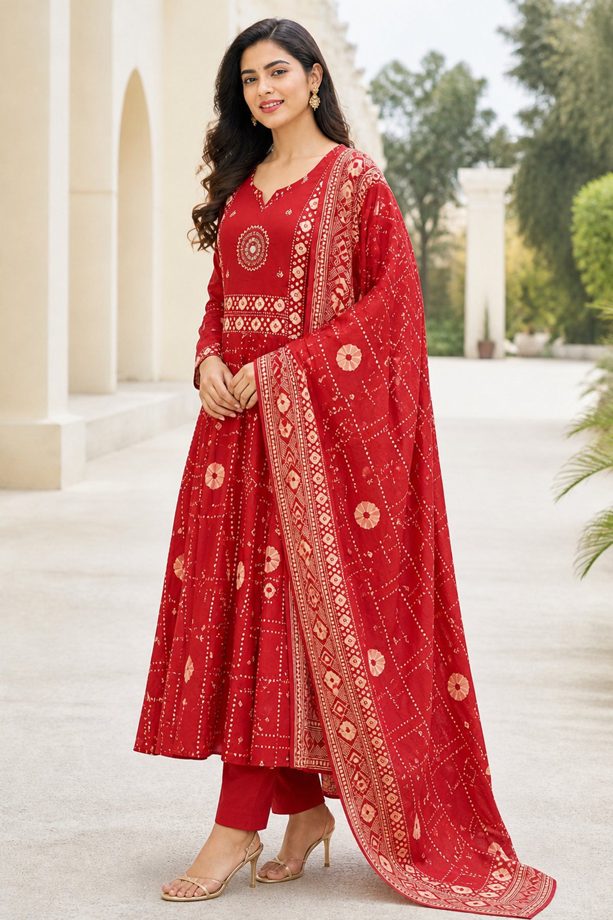 Red Cotton Bandhani Printed Anarkali Kurta Set with Dupatta