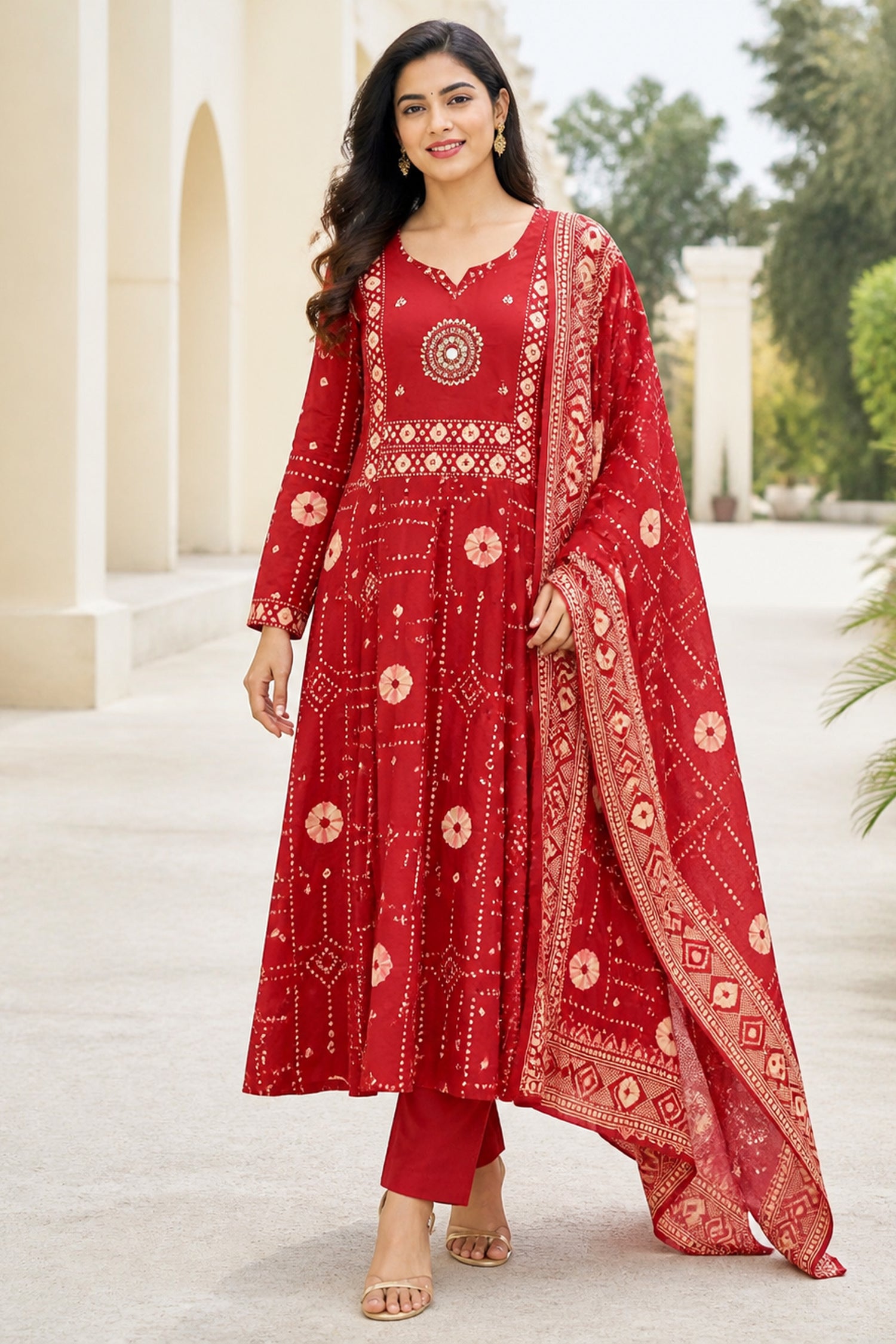 Red Cotton Bandhani Printed Anarkali Kurta Set with Dupatta