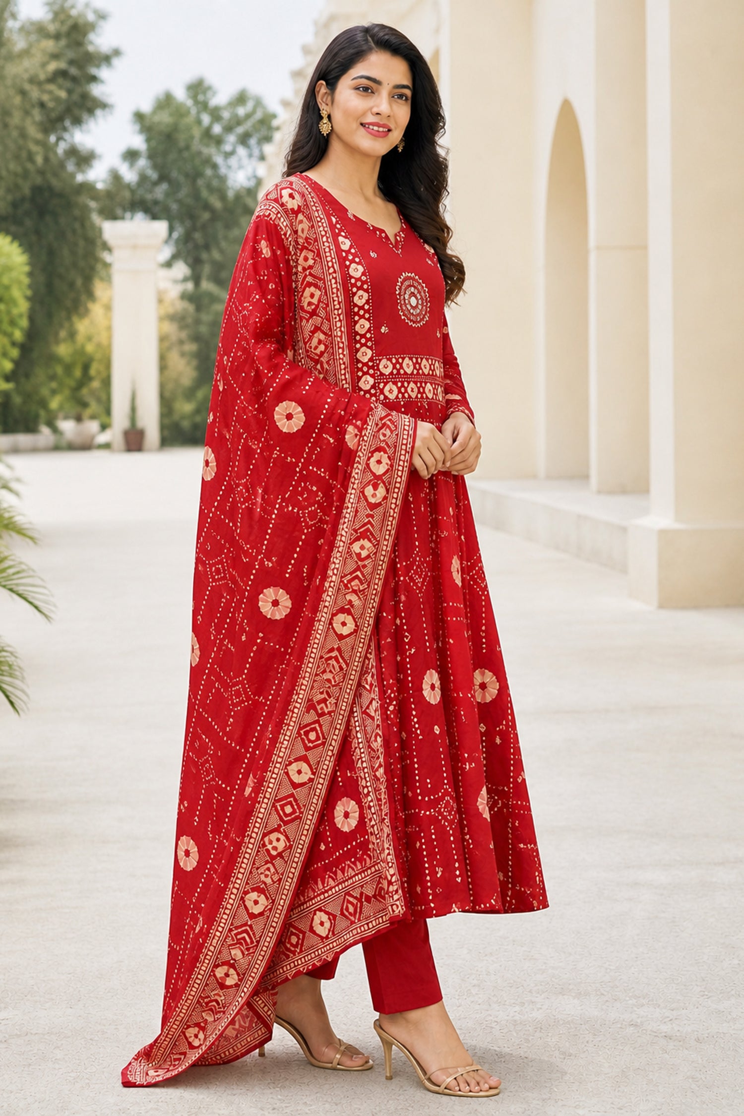 Red Cotton Bandhani Printed Anarkali Kurta Set with Dupatta