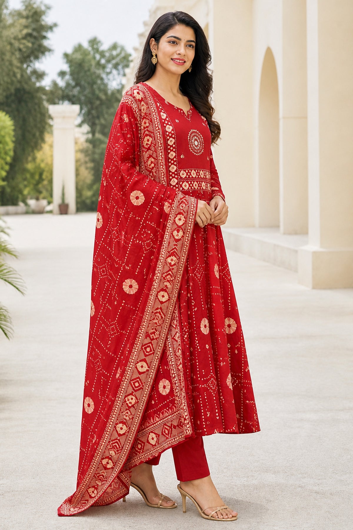 Red Cotton Bandhani Printed Anarkali Kurta Set with Dupatta