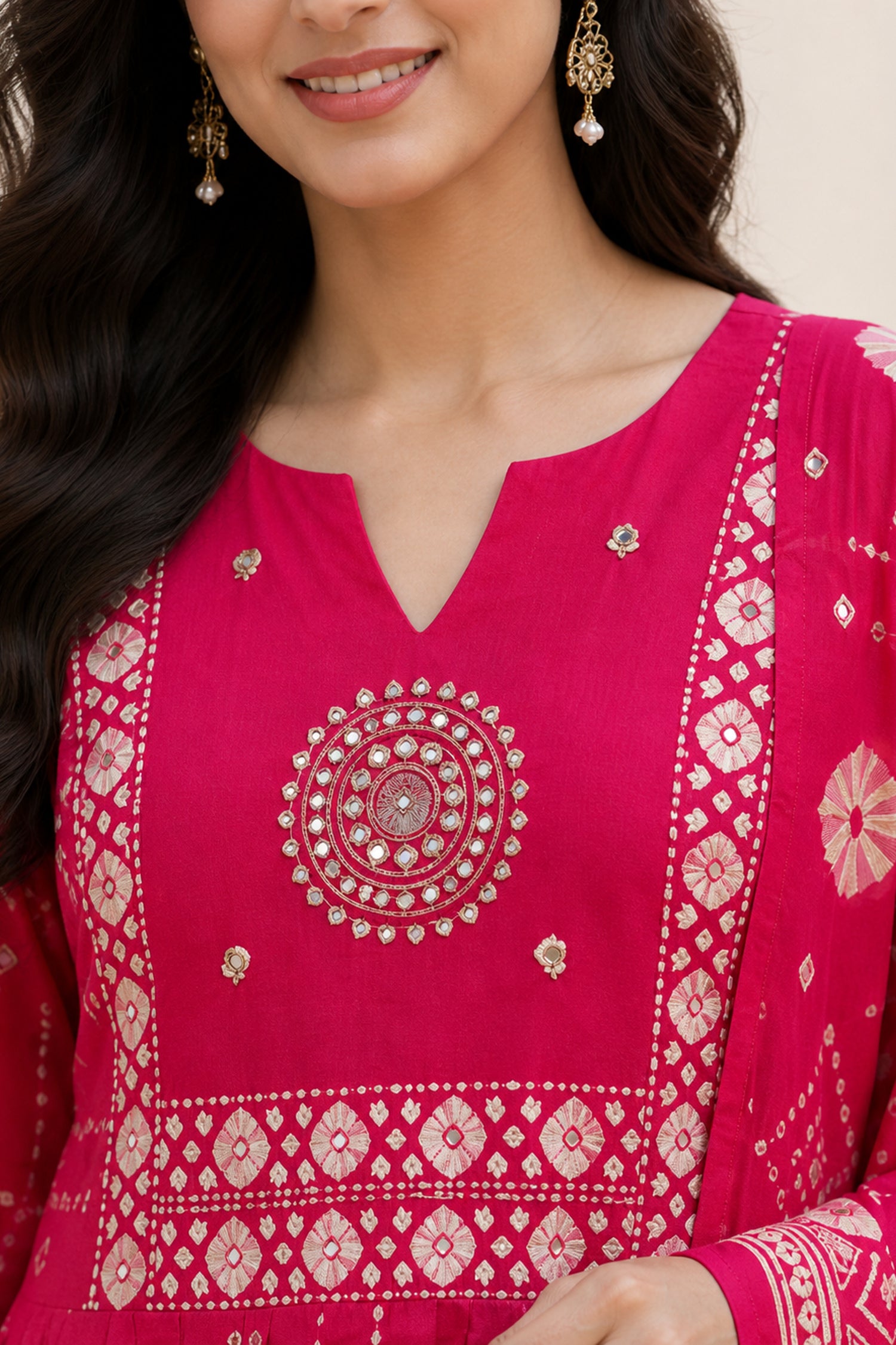 Red Cotton Bandhani Printed Anarkali Kurta Set with Dupatta