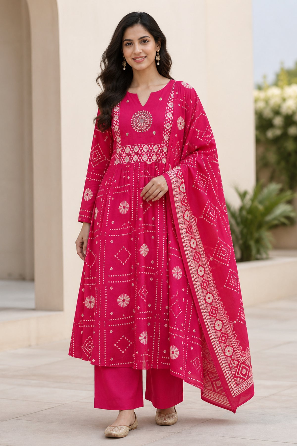 Red Cotton Bandhani Printed Anarkali Kurta Set with Dupatta