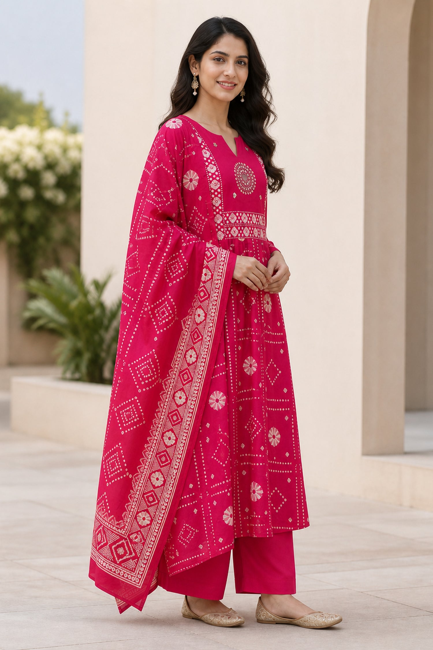 Red Cotton Bandhani Printed Anarkali Kurta Set with Dupatta