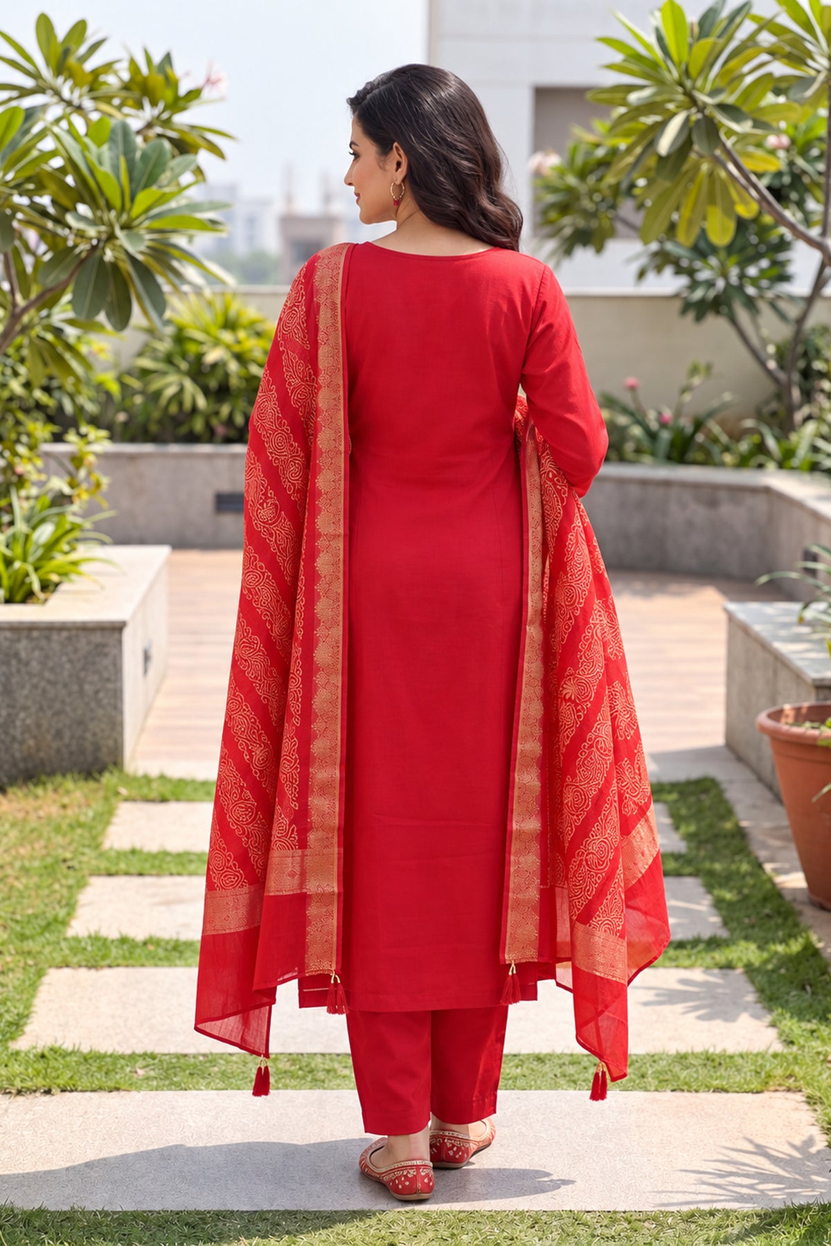 Rust Zari Embroidered Three Piece Suit