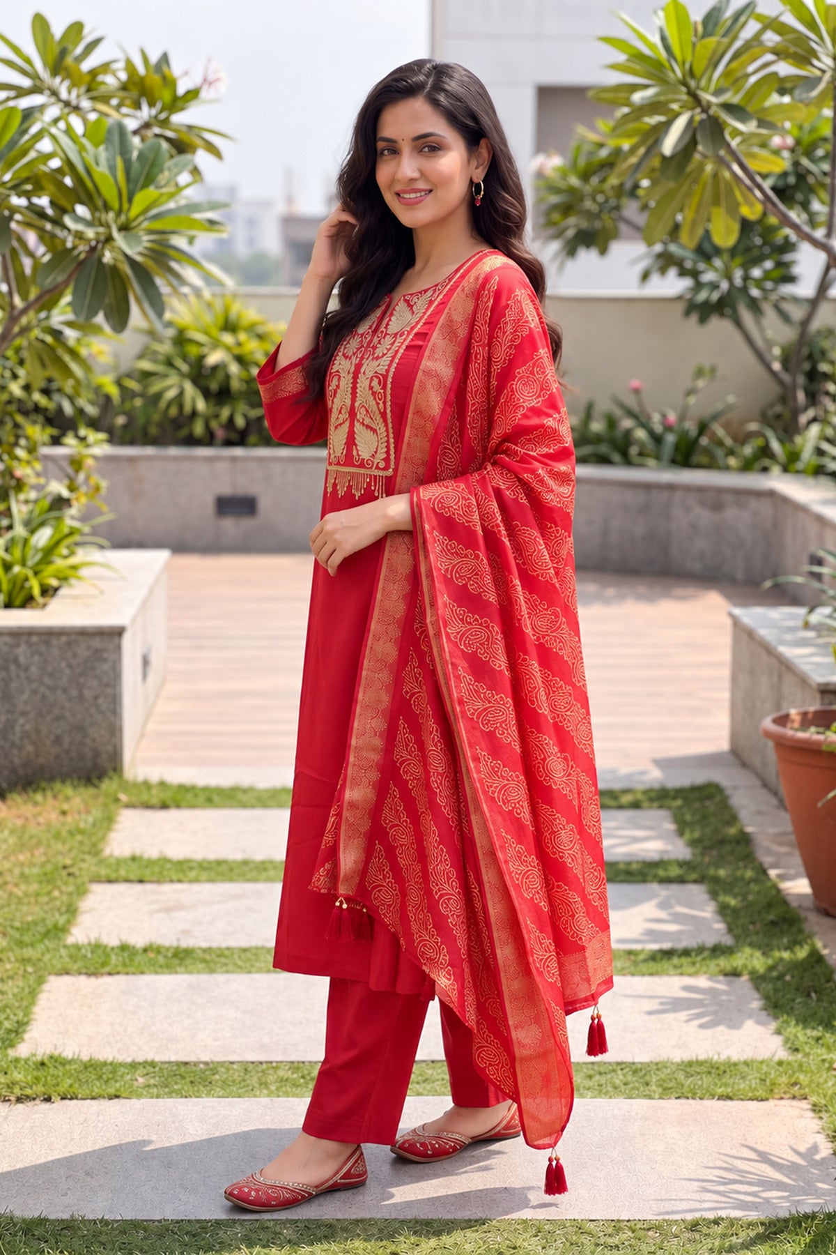 Rust Zari Embroidered Three Piece Suit
