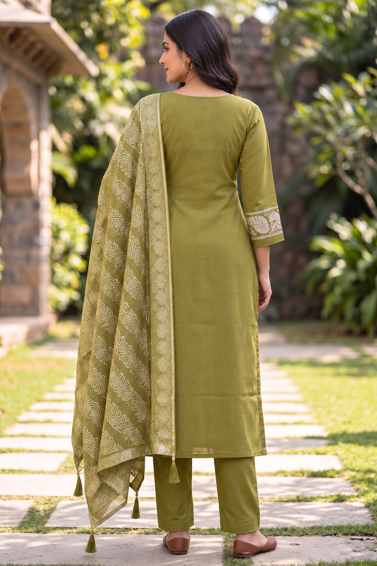 Olive Green Embroidered Three Piece Suit