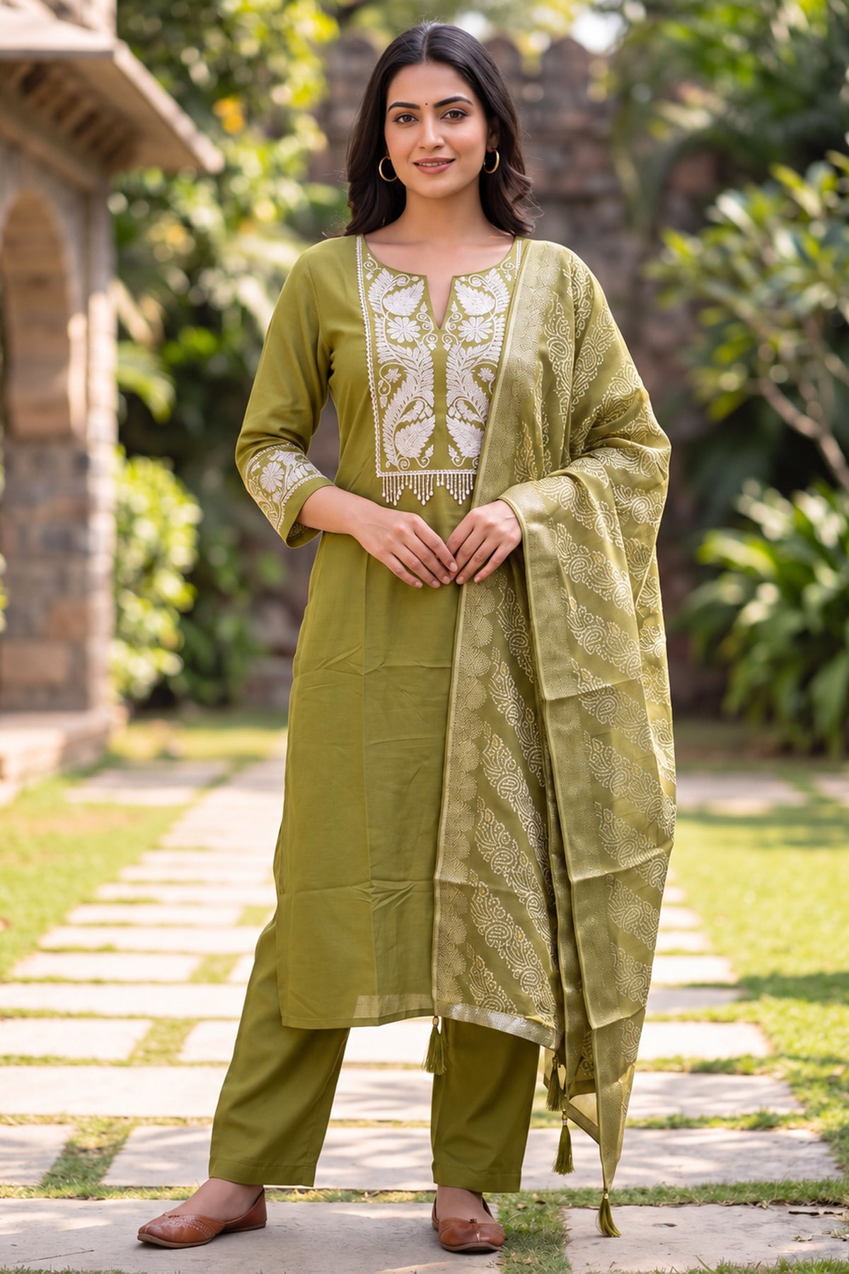 Olive Green Embroidered Three Piece Suit