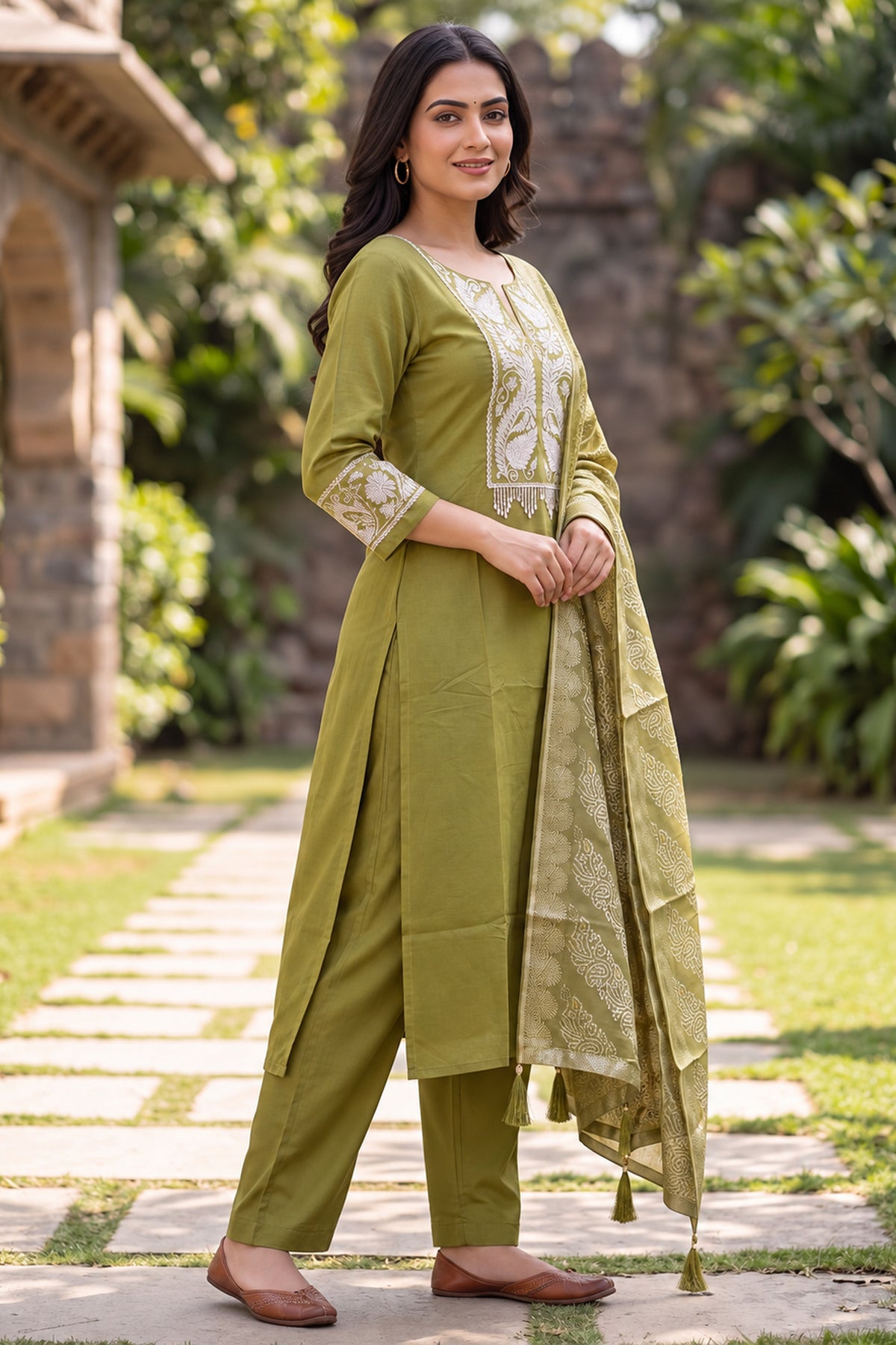 Olive Green Embroidered Three Piece Suit