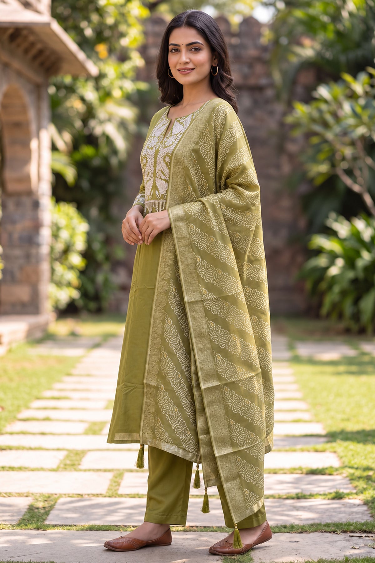 Olive Green Embroidered Three Piece Suit