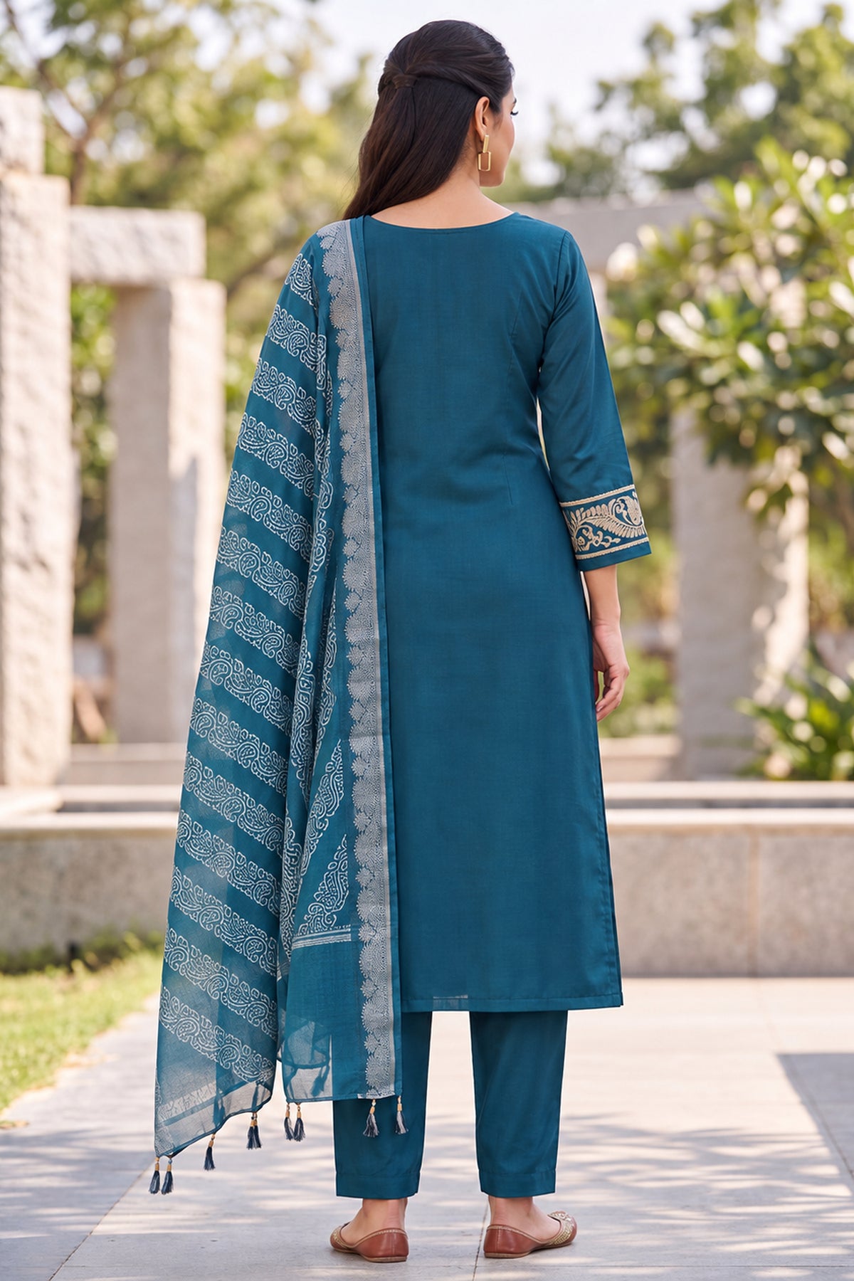 Teal Blue Zari Emroidered Three Piece Suit