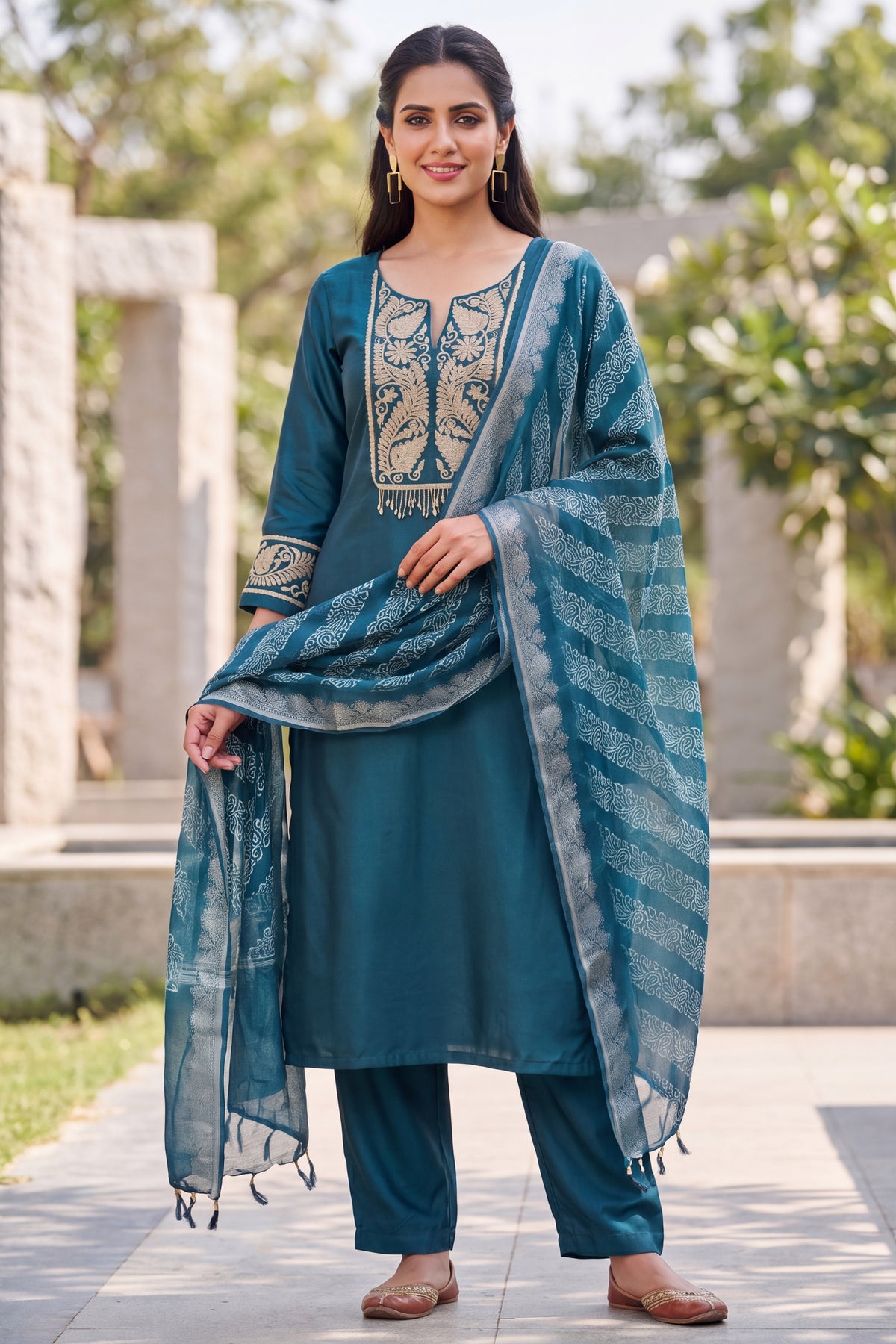 Teal Blue Zari Emroidered Three Piece Suit