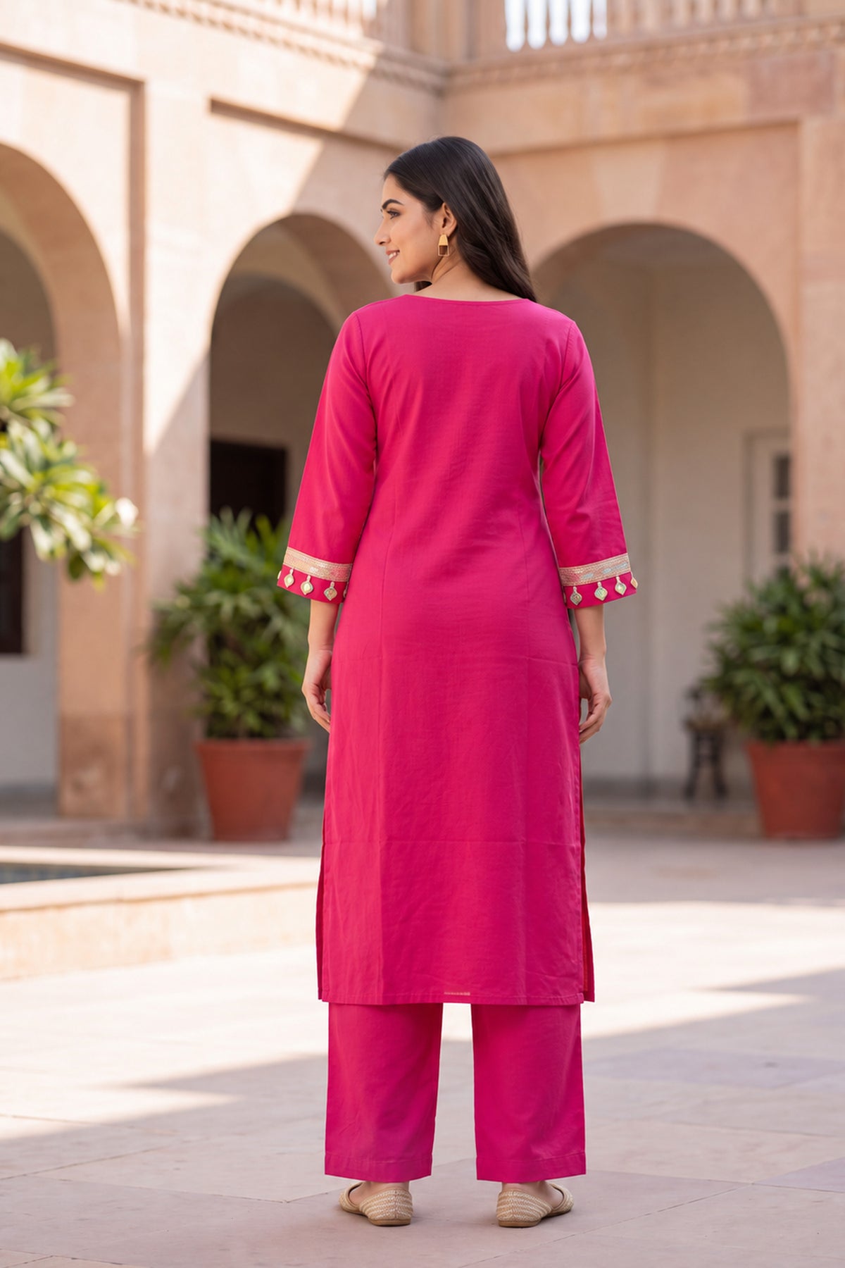 Pink Cotton Embroidered Straight Coord Sets