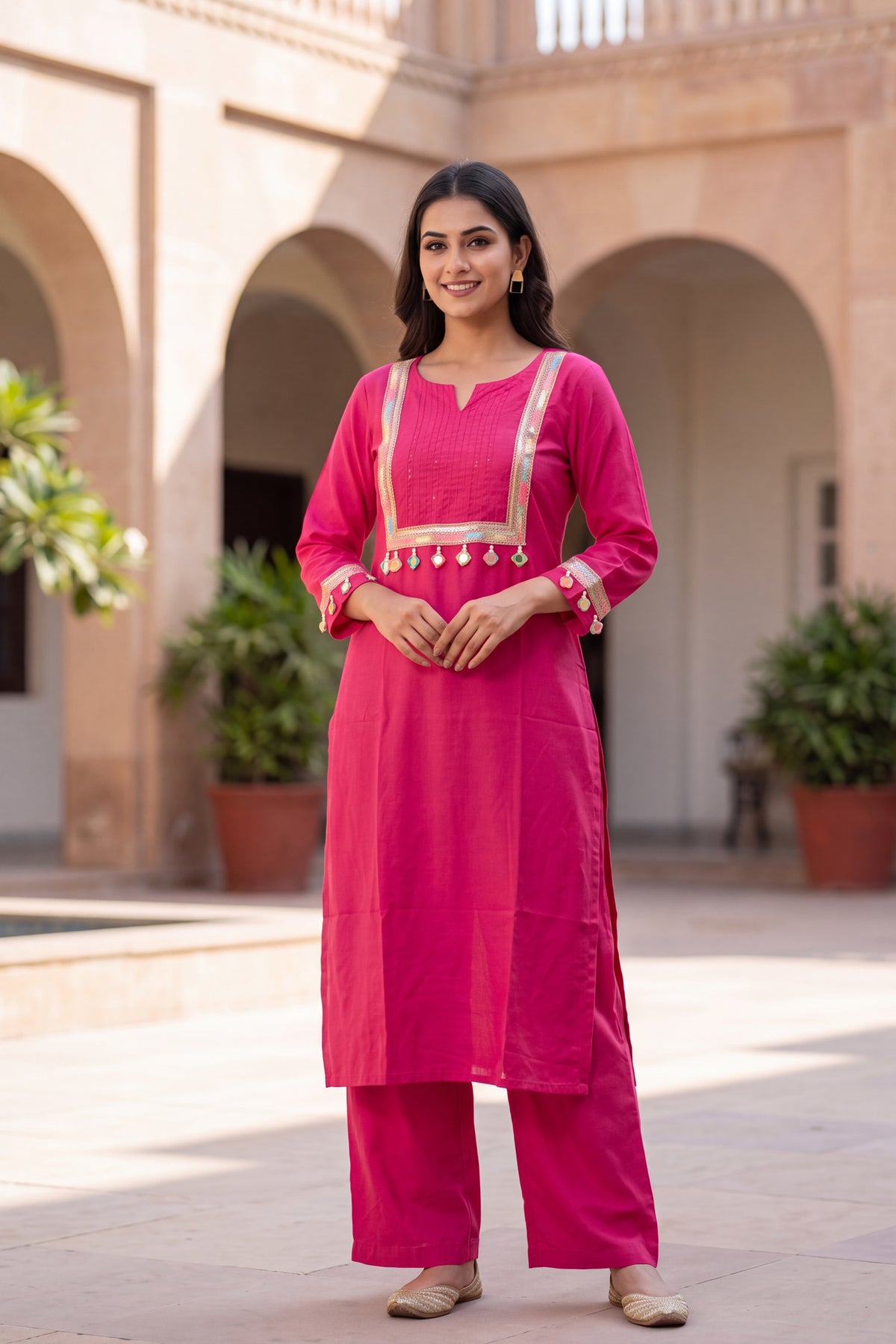 Pink Cotton Embroidered Straight Coord Sets