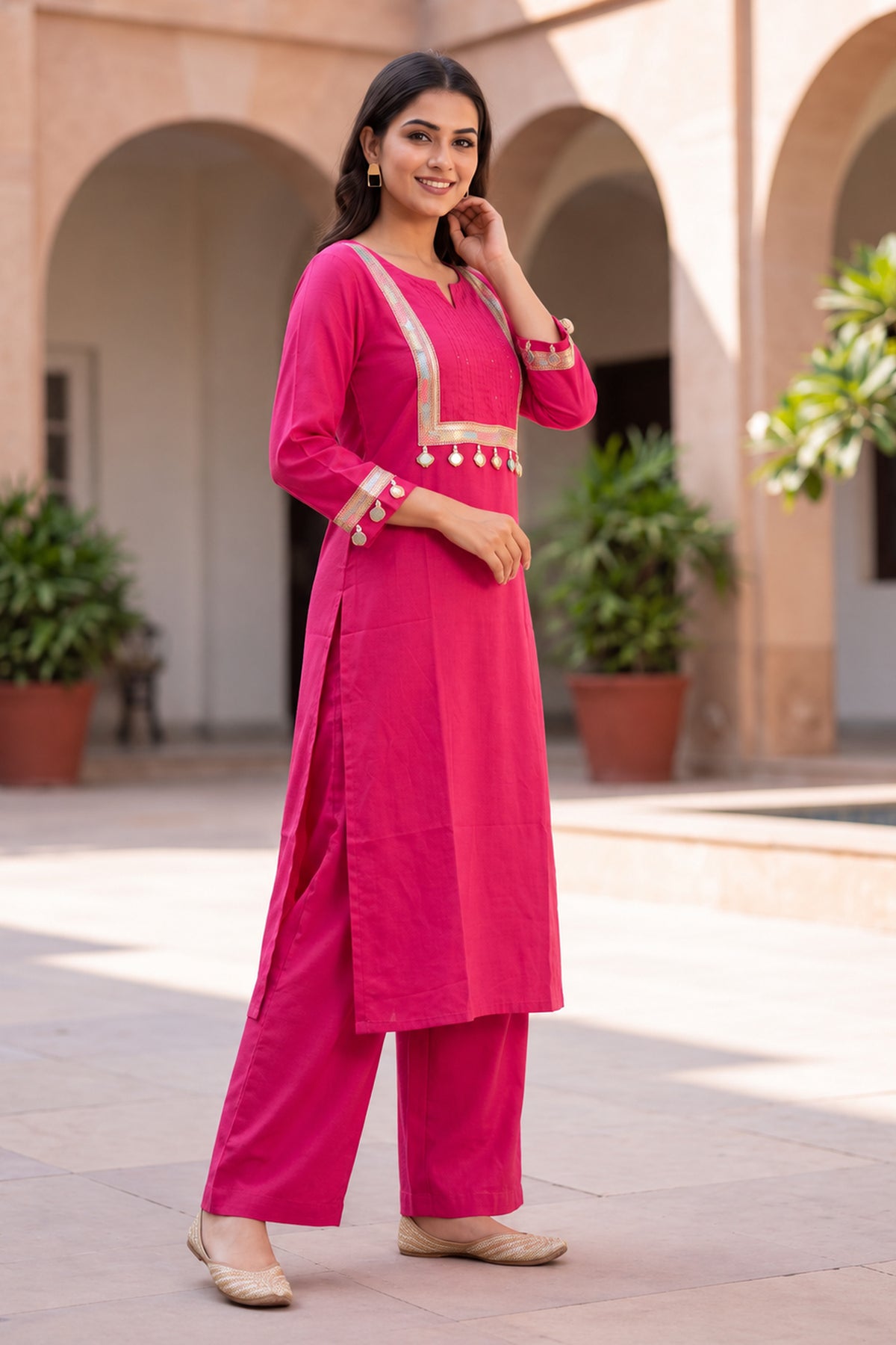 Pink Cotton Embroidered Straight Coord Sets