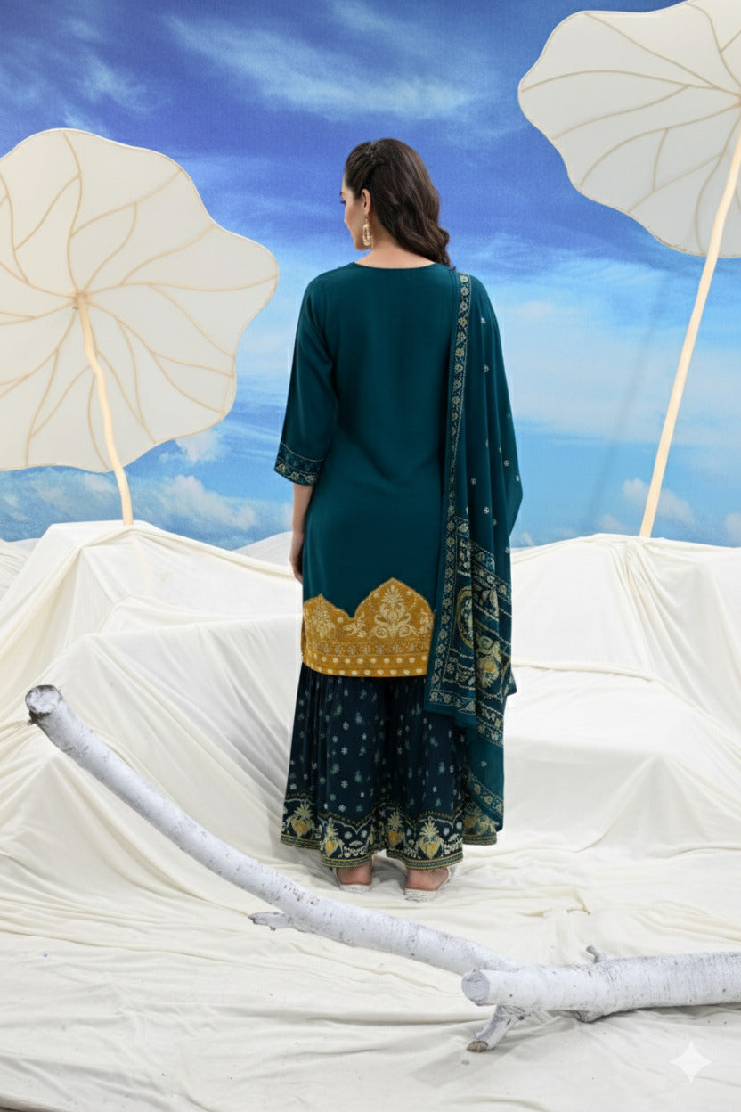 Crepe Pleated Sharara Three-Piece