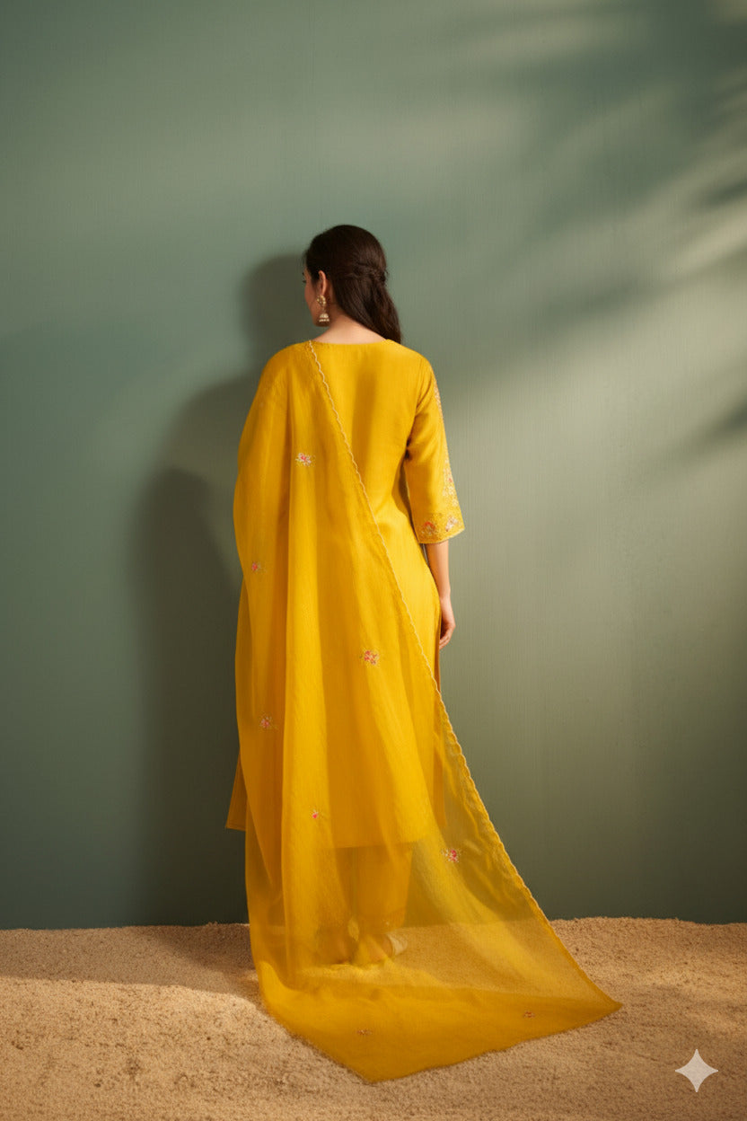 Mustard Straight Kurta Set with Detailed Neck Embroidery & Dupatta