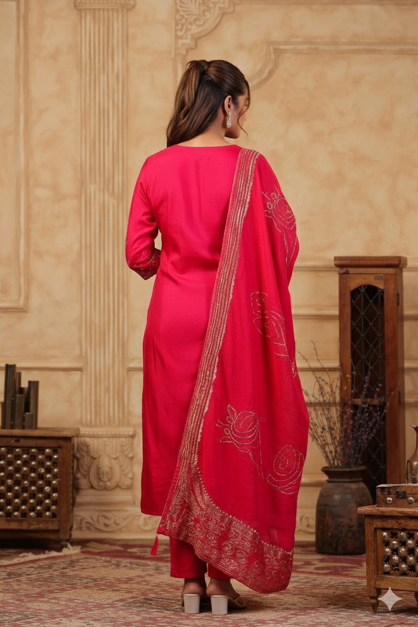 Rani Pink Embroidered Three Piece Suit with Dupatta