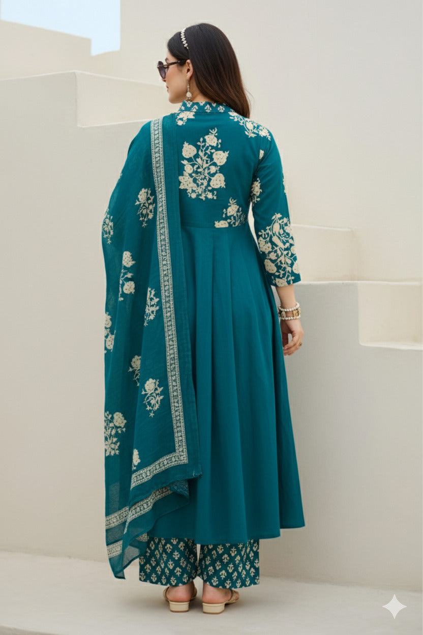 Blue V-Neck Embroidered Cotton Floral Printed Kurta Palazzo Dupatta Set