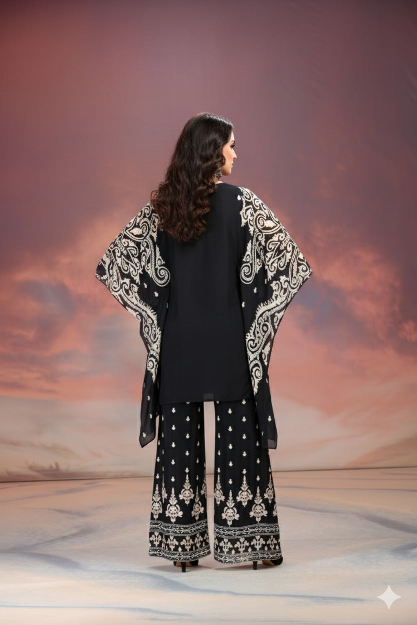 Black Sharara-Style Two-Piece Cord Set with Detailed Embroidered Design