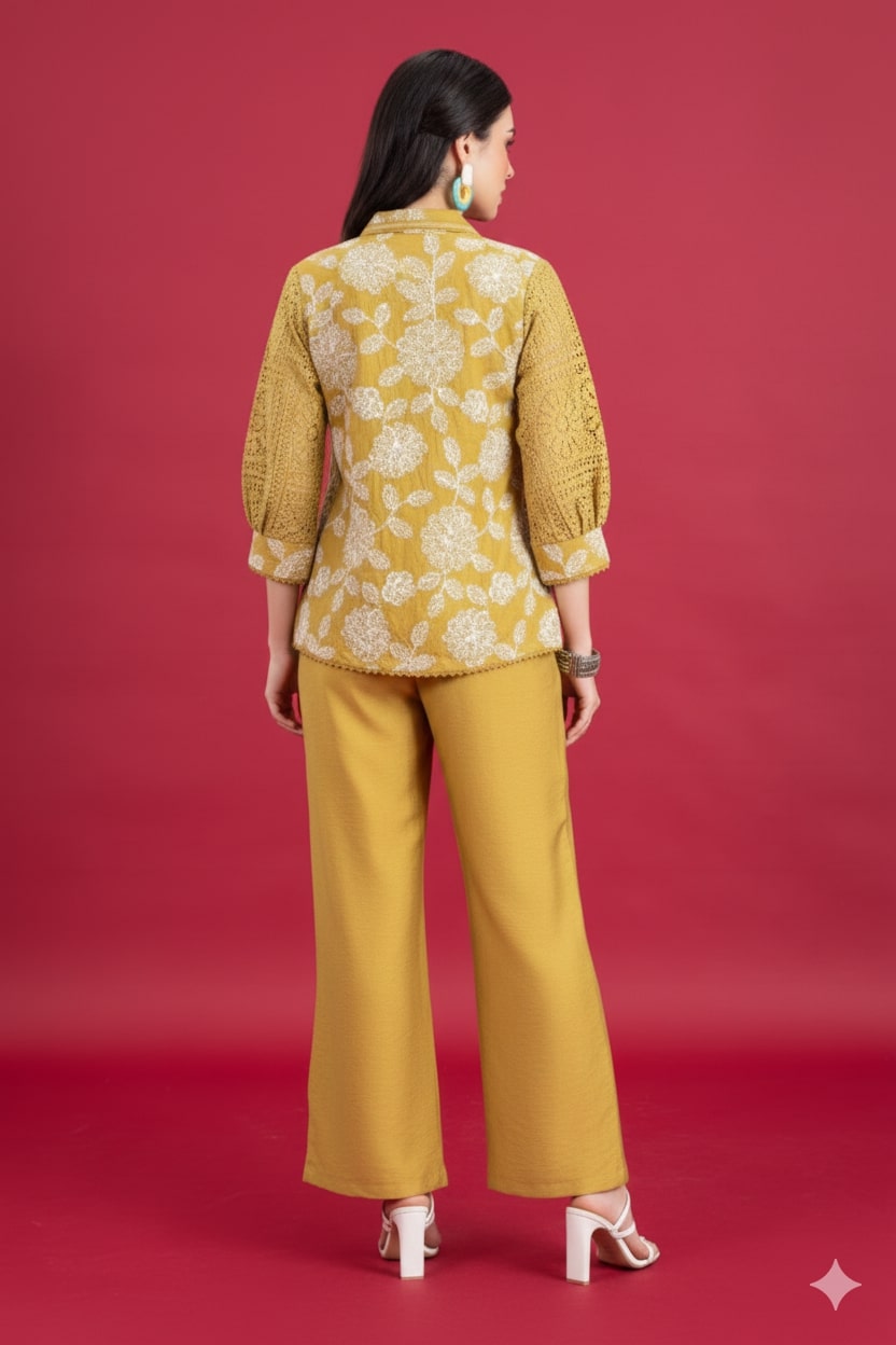 Yellow Cotton Cord Set with Matching Jacket and Solid Pants