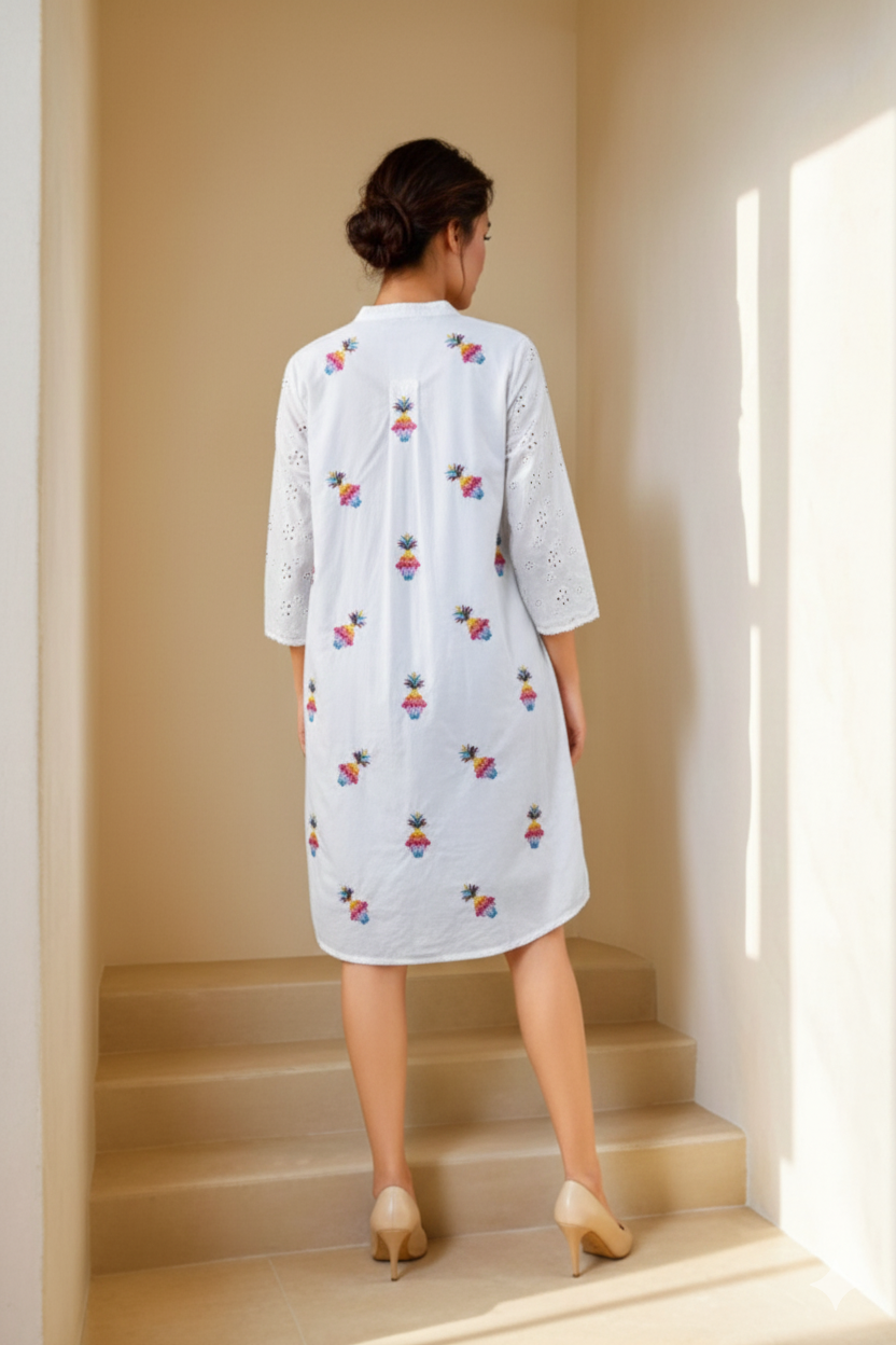 White Shirt-Style Tunic Dress with Playful Pineapple Print