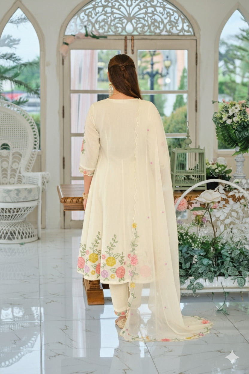 Elegant Off White Mul Chanderi Three Piece Suit Set