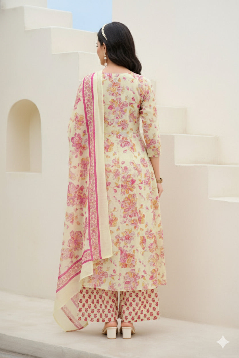 Beige V-Neck Embroidered Cotton Floral Printed Kurta Palazzo Dupatta Set