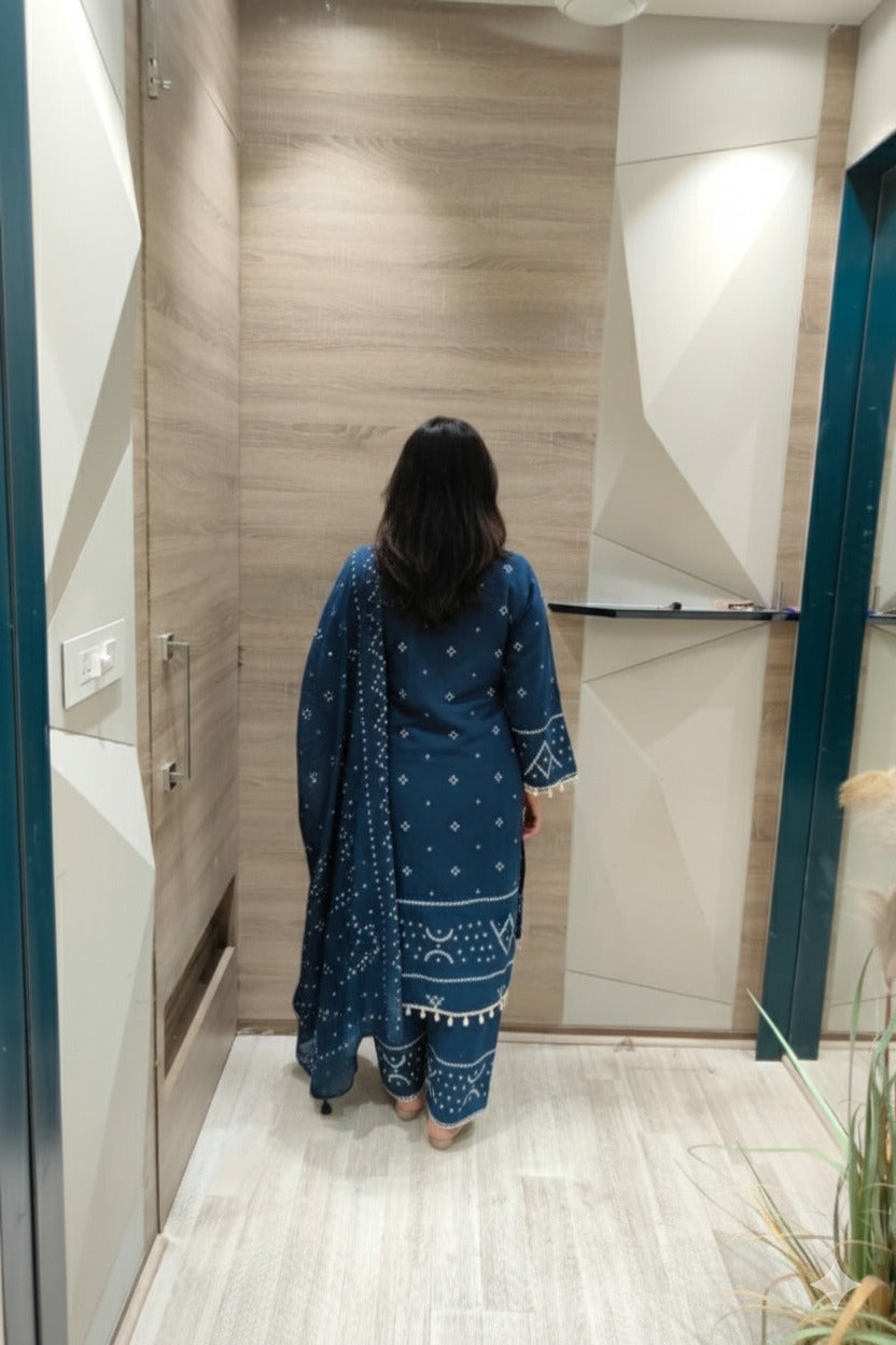 Blue Three-Piece Ensemble with Dupatta and Handcrafted Kodiya Detailing