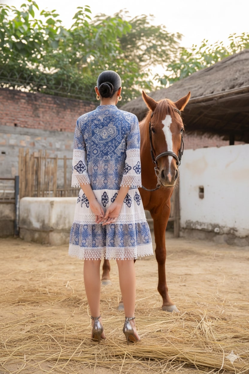 FREYAA Blue Cotton Tunic Embroidered Net Design Sleeves
