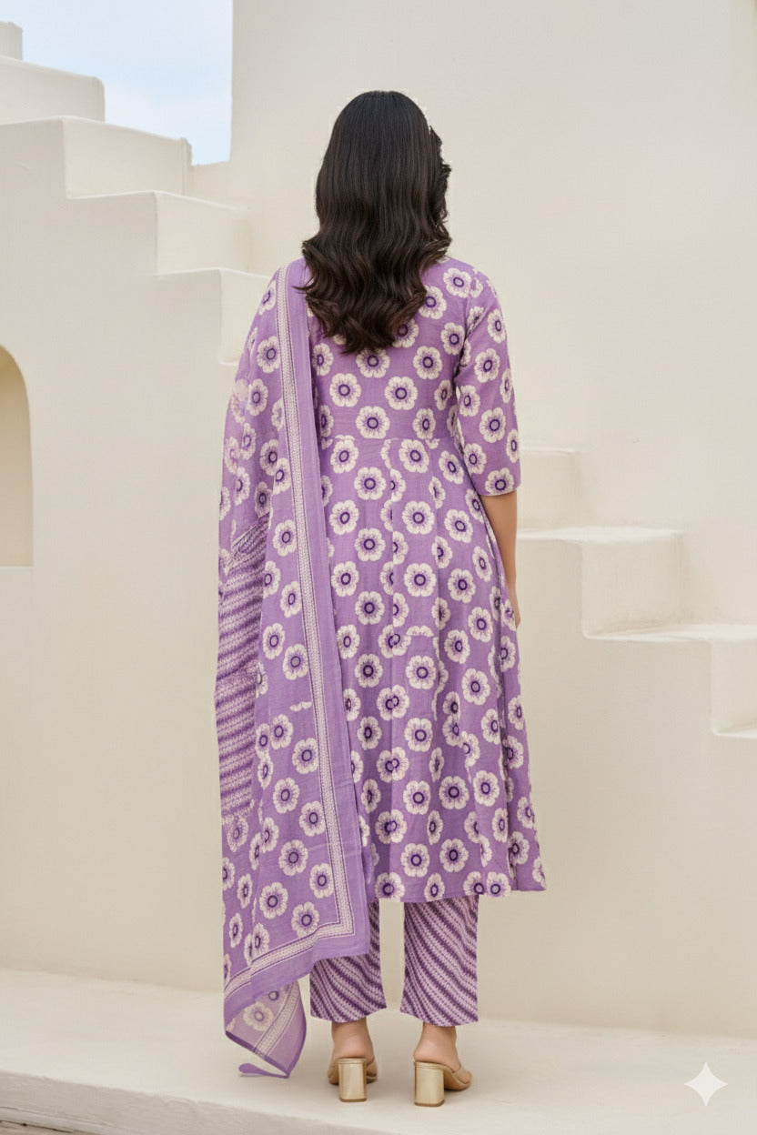 Purple V-Neck Embroidered Cotton Floral Printed Kurta Palazzo Dupatta Set