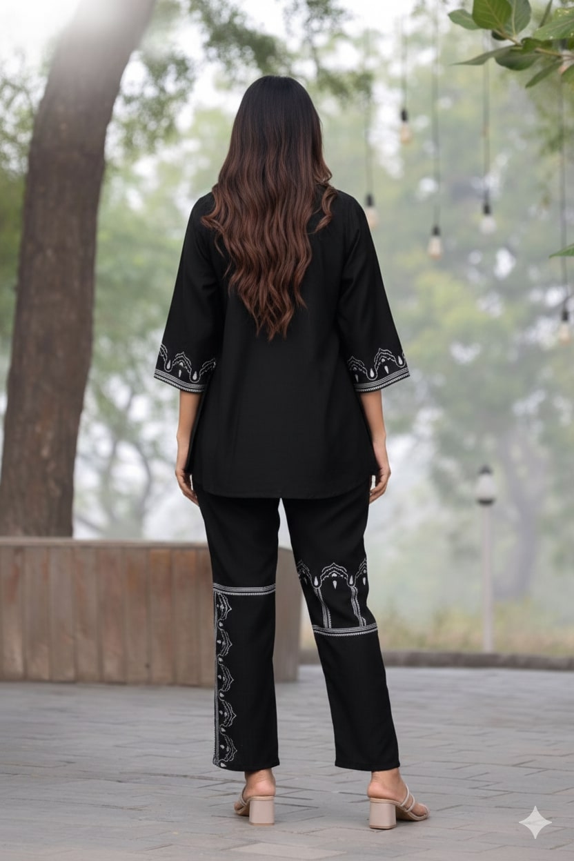 Black Cord Set with Subtle Printed Sleeves and Pants