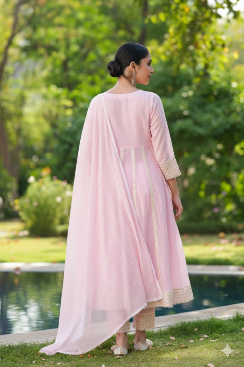 Elegant Pink Cotton Three-Piece Suit with Dupatta