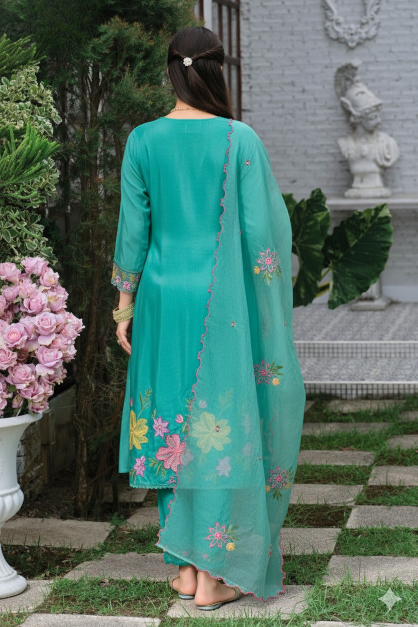 Floral Hand Embroidery Pure Mul Chanderi Three Piece Set