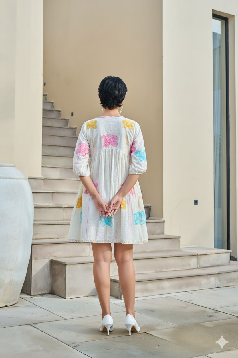 Elegant Tunic Featuring Vibrant Mix-Color Floral Embroidery
