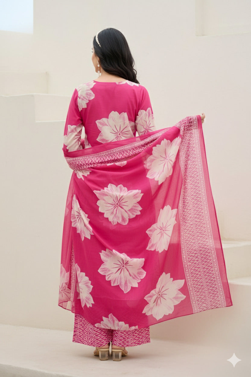 Pink V-Neck Embroidered Cotton Floral Printed Kurta Palazzo Dupatta Set