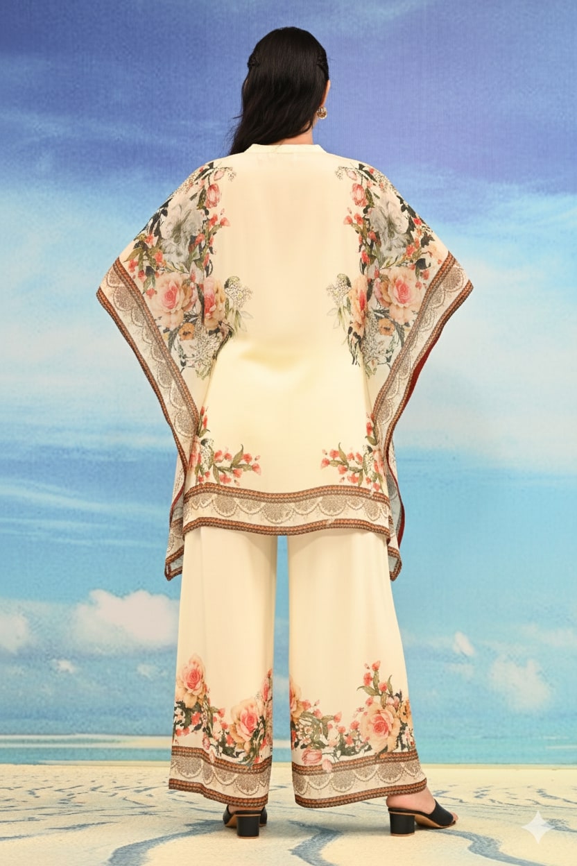 Beige Sharara-Style Two-Piece Cord Set with Detailed Embroidered Design