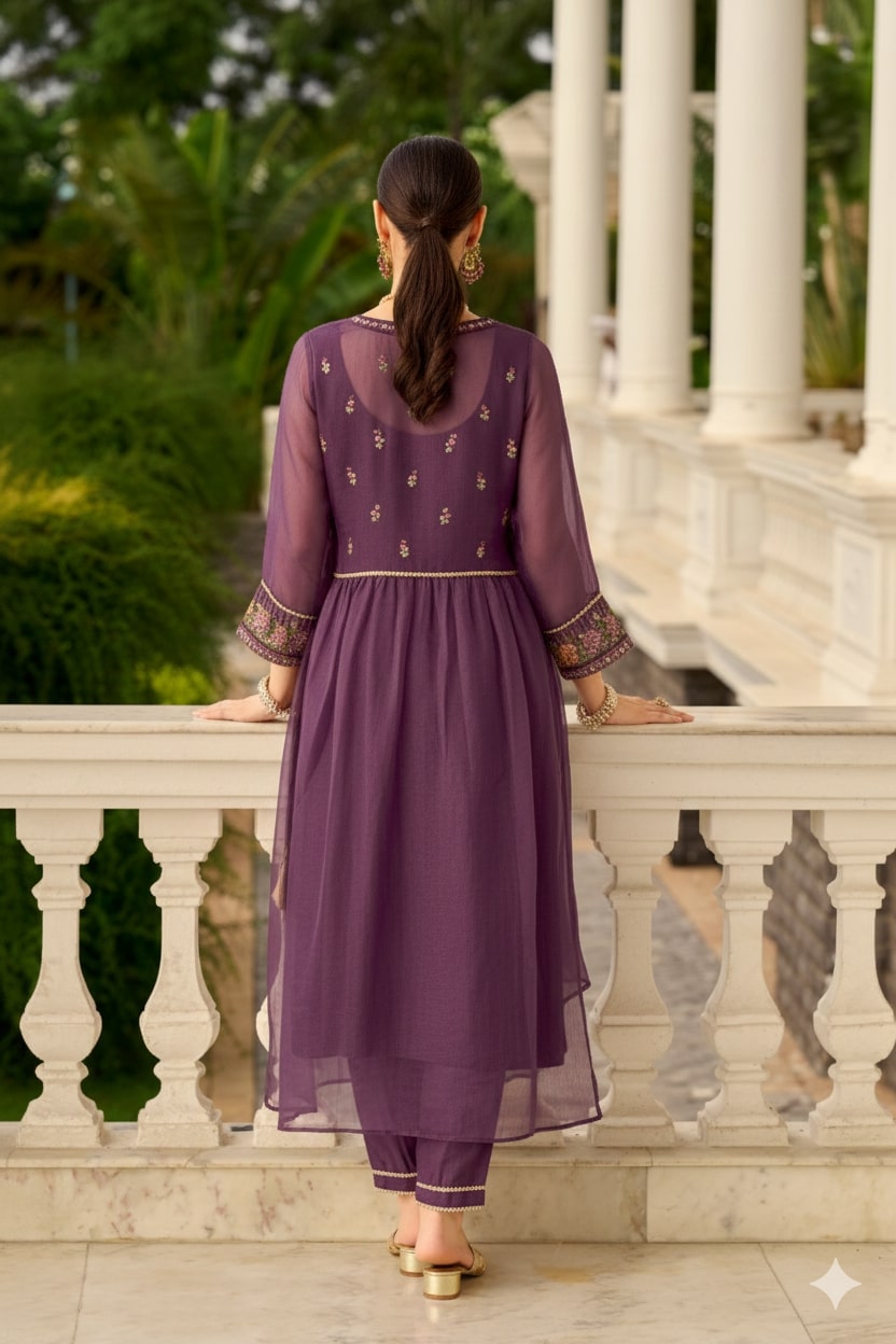 Purple Pure Organza Embroidered Cord Set